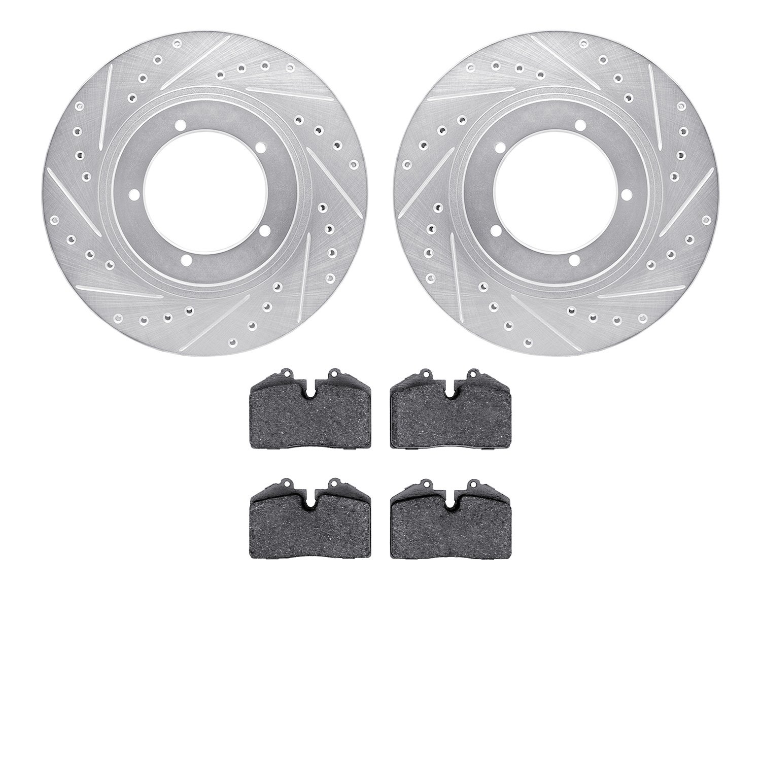 7502-02089 Drilled/Slotted Brake Rotors w/5000 Advanced Brake Pads Kit [Silver], 1986-1986 Porsche, Position: Front