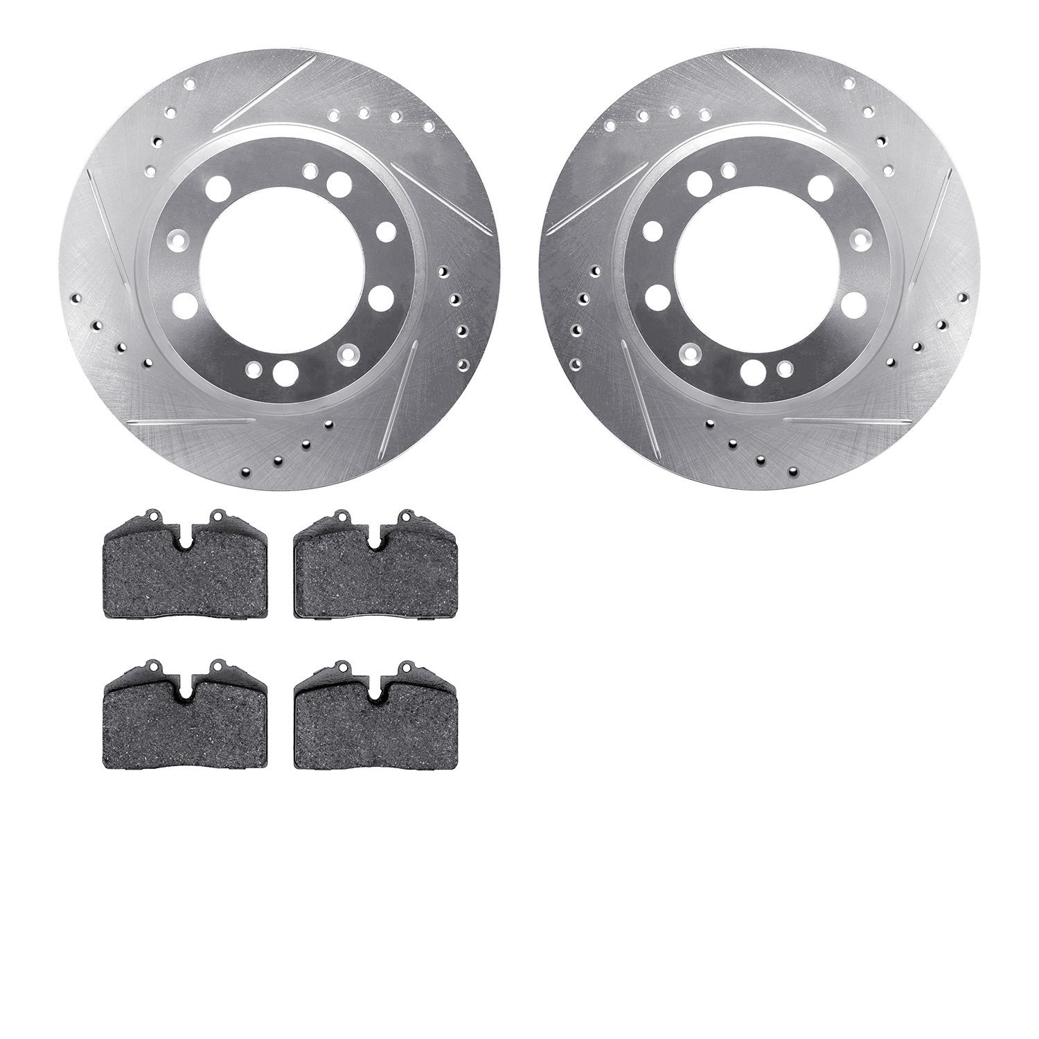 7502-02095 Drilled/Slotted Brake Rotors w/5000 Advanced Brake Pads Kit [Silver], 1986-1995 Porsche, Position: Rear