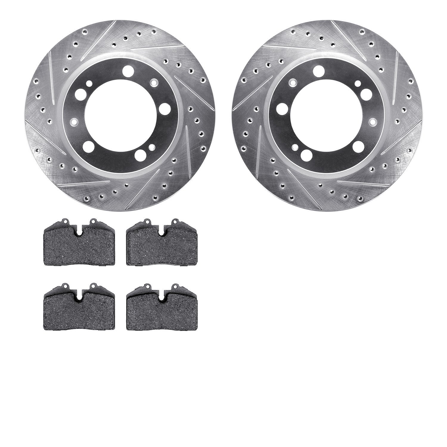 7502-02101 Drilled/Slotted Brake Rotors w/5000 Advanced Brake Pads Kit [Silver], 1989-1997 Porsche, Position: Front