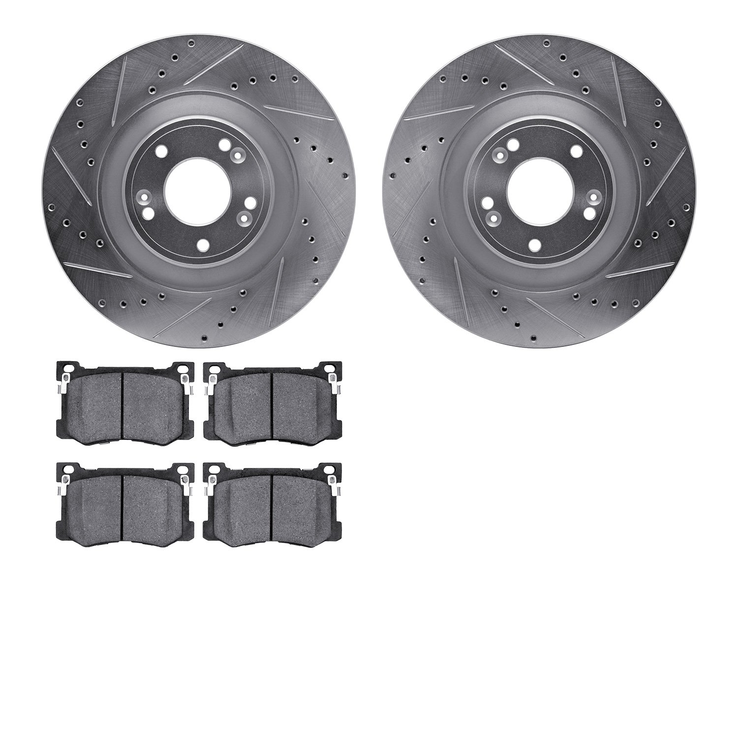 7502-03056 Drilled/Slotted Brake Rotors w/5000 Advanced Brake Pads Kit [Silver], 2015-2017 Kia/Hyundai/Genesis, Position: Front