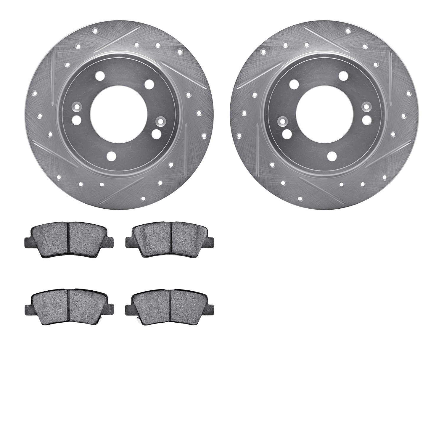7502-03057 Drilled/Slotted Brake Rotors w/5000 Advanced Brake Pads Kit [Silver], Fits Select Kia/Hyundai/Genesis, Position: Rear