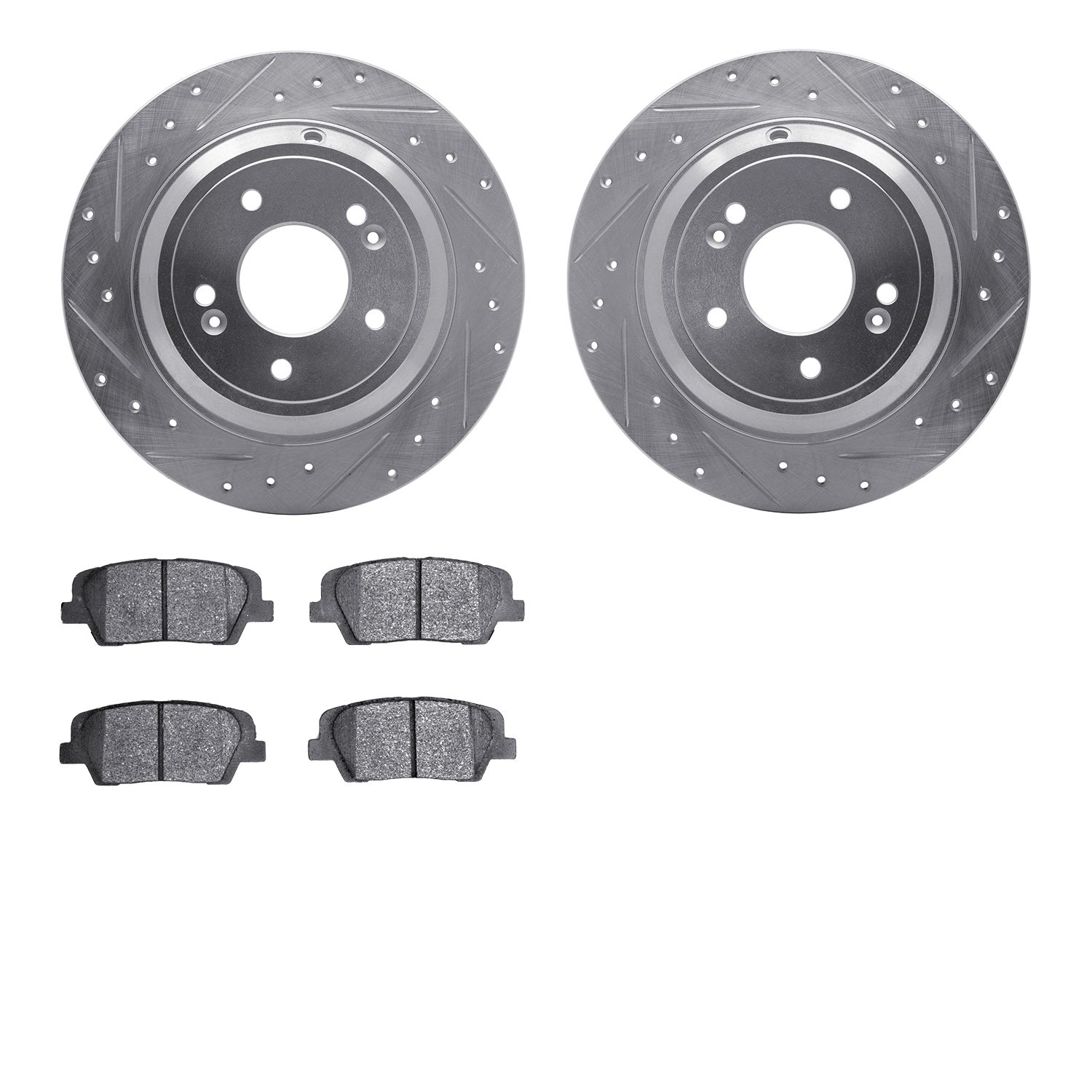 7502-03068 Drilled/Slotted Brake Rotors w/5000 Advanced Brake Pads Kit [Silver], 2009-2009 Kia/Hyundai/Genesis, Position: Rear