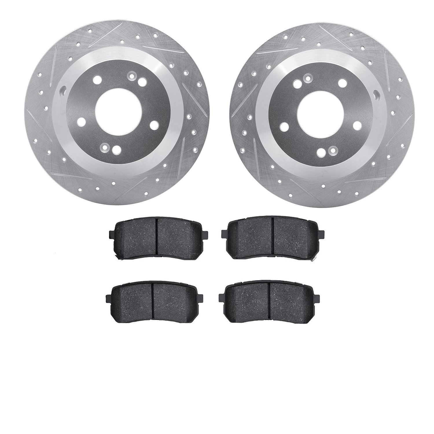 7502-03081 Drilled/Slotted Brake Rotors w/5000 Advanced Brake Pads Kit [Silver], 2015-2021 Kia/Hyundai/Genesis, Position: Rear