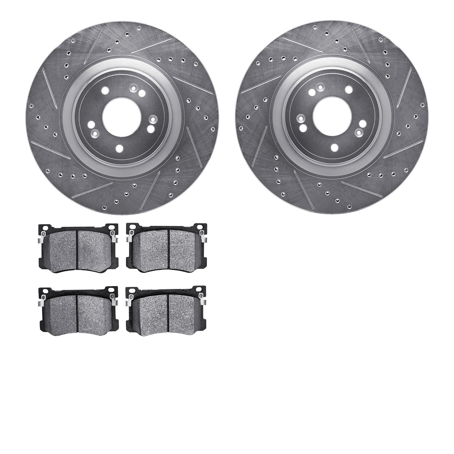 7502-03090 Drilled/Slotted Brake Rotors w/5000 Advanced Brake Pads Kit [Silver], 2018-2020 Kia/Hyundai/Genesis, Position: Front