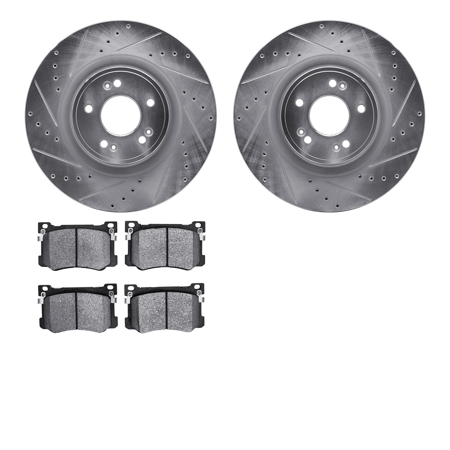 7502-03096 Drilled/Slotted Brake Rotors w/5000 Advanced Brake Pads Kit [Silver], 2018-2020 Kia/Hyundai/Genesis, Position: Front