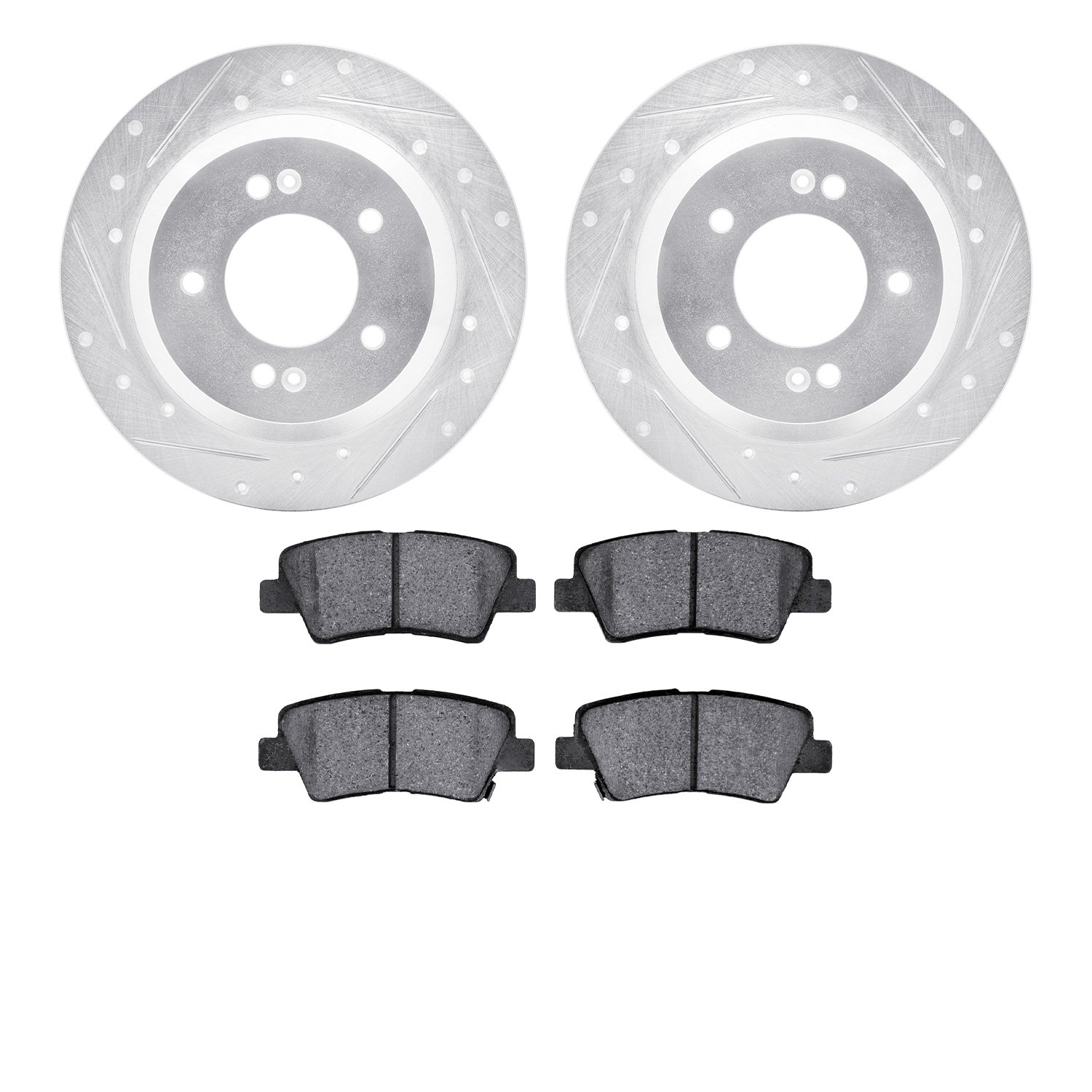 7502-03101 Drilled/Slotted Brake Rotors w/5000 Advanced Brake Pads Kit [Silver], Fits Select Kia/Hyundai/Genesis, Position: Rear