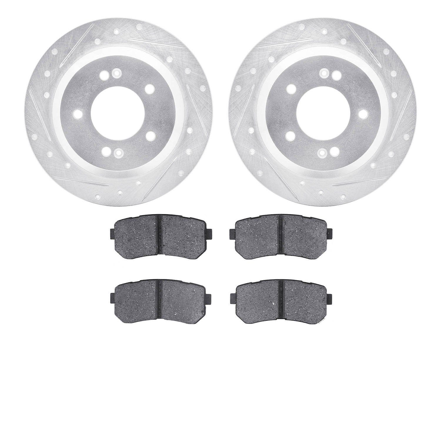 7502-03102 Drilled/Slotted Brake Rotors w/5000 Advanced Brake Pads Kit [Silver], Fits Select Kia/Hyundai/Genesis, Position: Rear
