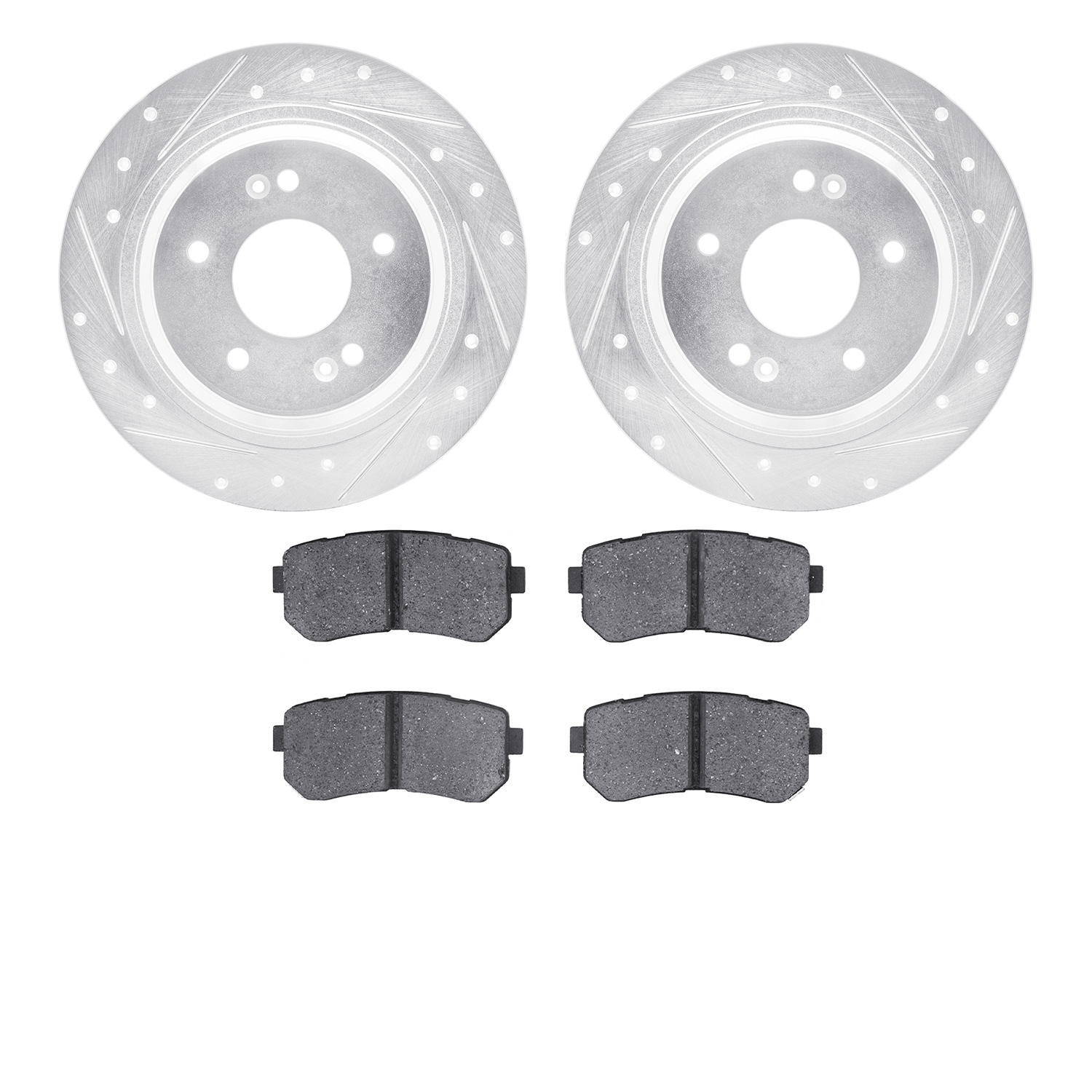 7502-03104 Drilled/Slotted Brake Rotors w/5000 Advanced Brake Pads Kit [Silver], Fits Select Kia/Hyundai/Genesis, Position: Rear