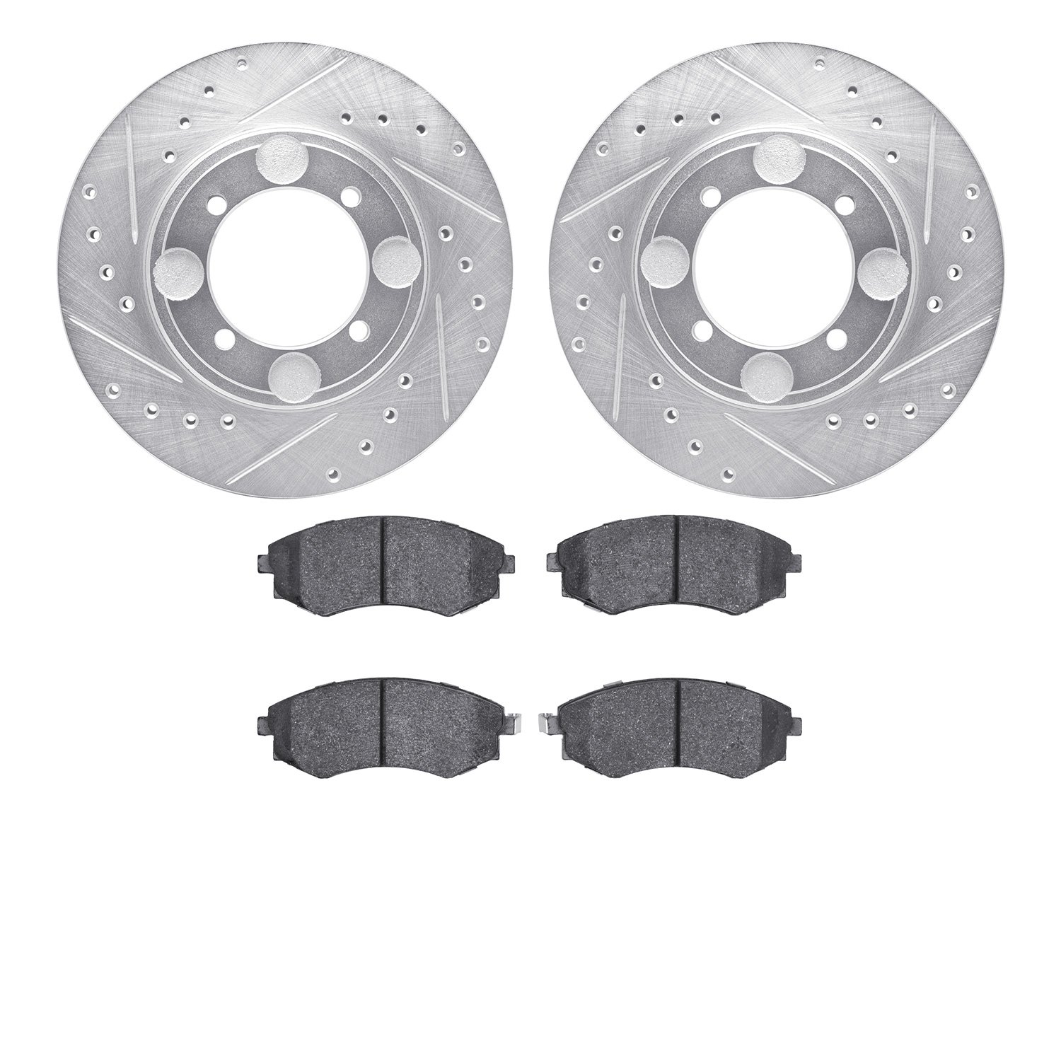 7502-03146 Drilled/Slotted Brake Rotors w/5000 Advanced Brake Pads Kit [Silver], 1997-1998 Kia/Hyundai/Genesis, Position: Front