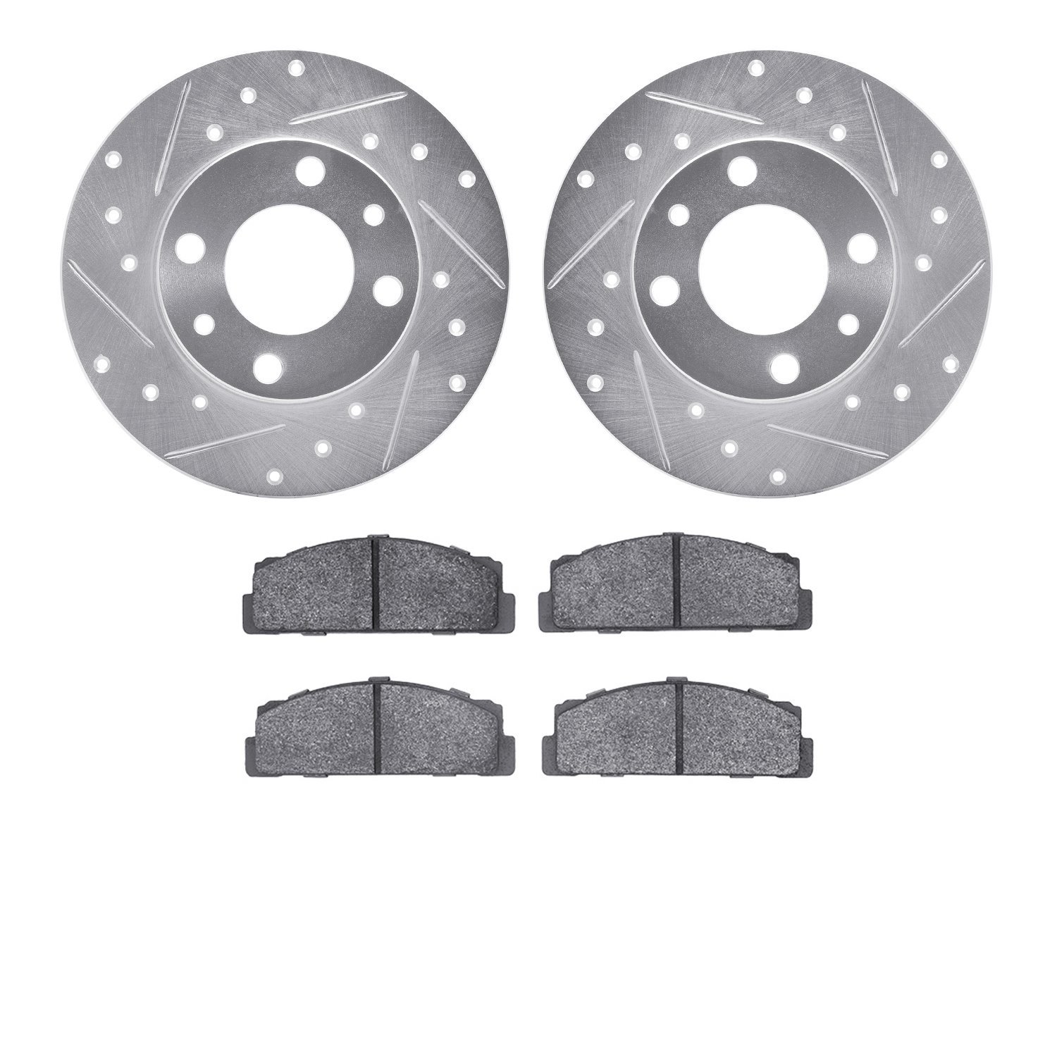 7502-07010 Drilled/Slotted Brake Rotors w/5000 Advanced Brake Pads Kit [Silver], 1966-1988 Multiple Makes/Models, Position: Rear