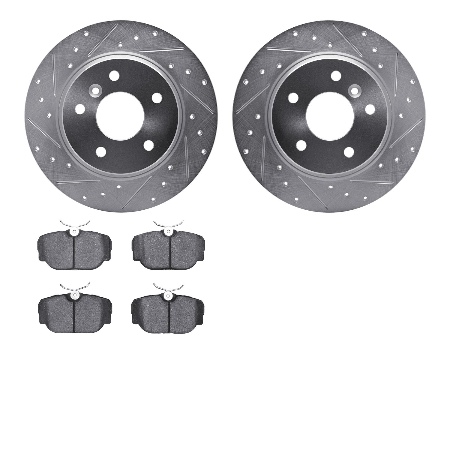 7502-11001 Drilled/Slotted Brake Rotors w/5000 Advanced Brake Pads Kit [Silver], 1994-2002 Land Rover, Position: Rear