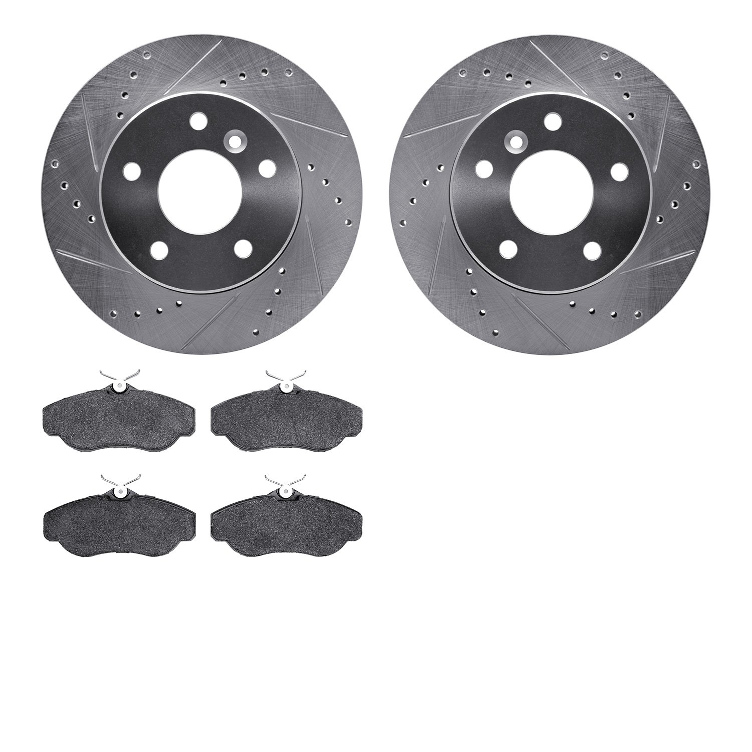 7502-11009 Drilled/Slotted Brake Rotors w/5000 Advanced Brake Pads Kit [Silver], 1999-2004 Land Rover, Position: Front