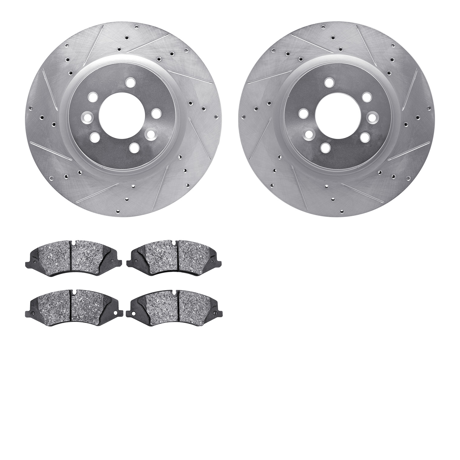 7502-11014 Drilled/Slotted Brake Rotors w/5000 Advanced Brake Pads Kit [Silver], 2010-2017 Land Rover, Position: Front
