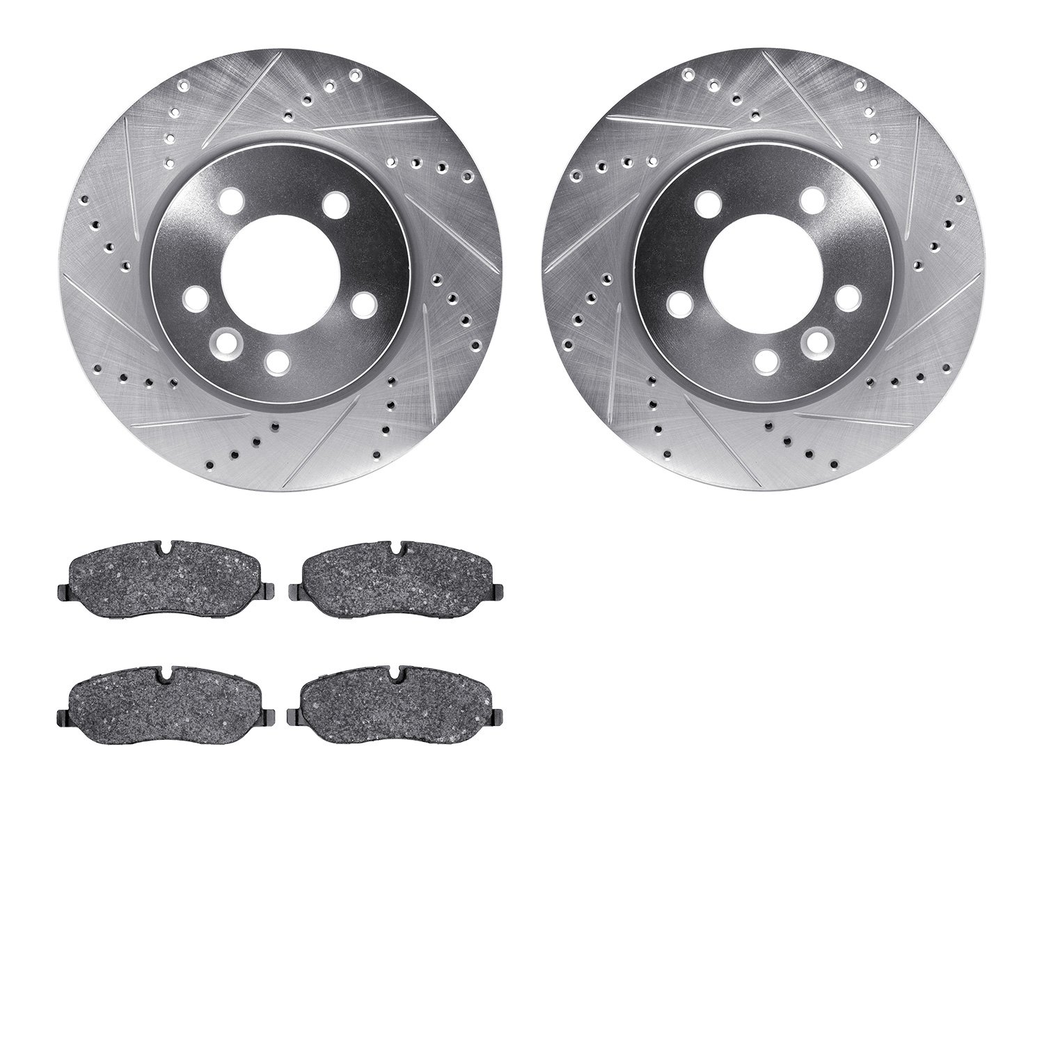 7502-11017 Drilled/Slotted Brake Rotors w/5000 Advanced Brake Pads Kit [Silver], 2005-2007 Land Rover, Position: Front