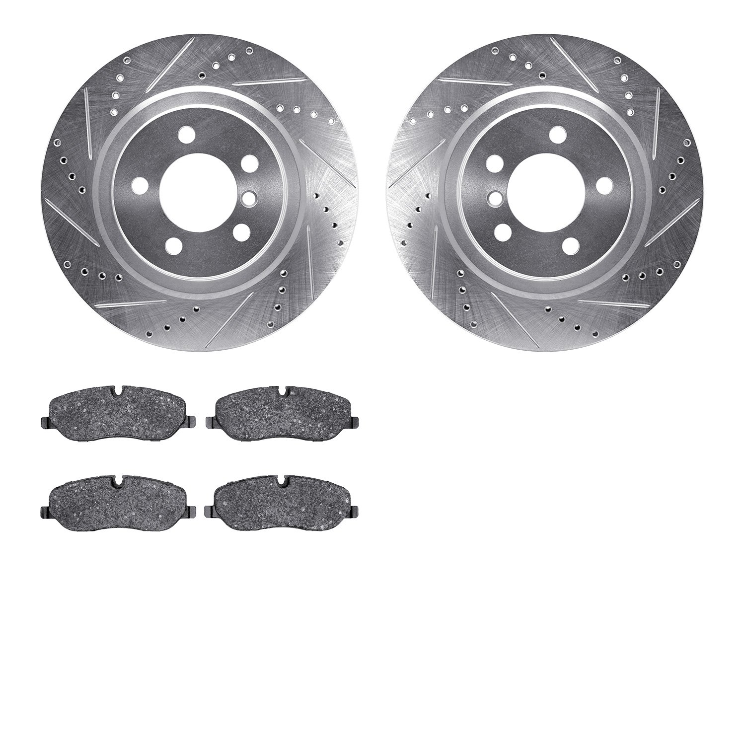 7502-11019 Drilled/Slotted Brake Rotors w/5000 Advanced Brake Pads Kit [Silver], 2006-2009 Land Rover, Position: Front