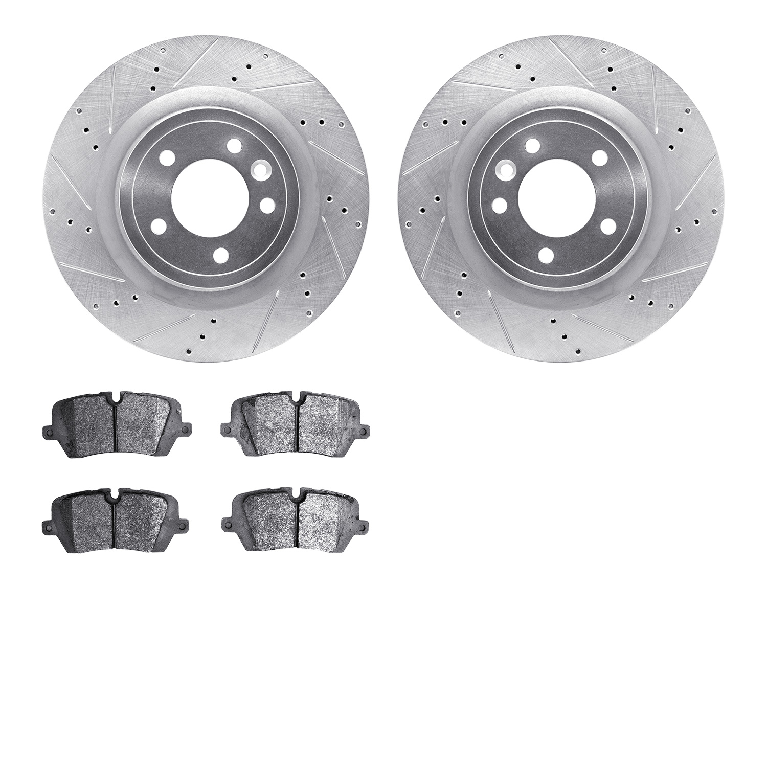 7502-11035 Drilled/Slotted Brake Rotors w/5000 Advanced Brake Pads Kit [Silver], Fits Select Land Rover, Position: Rear