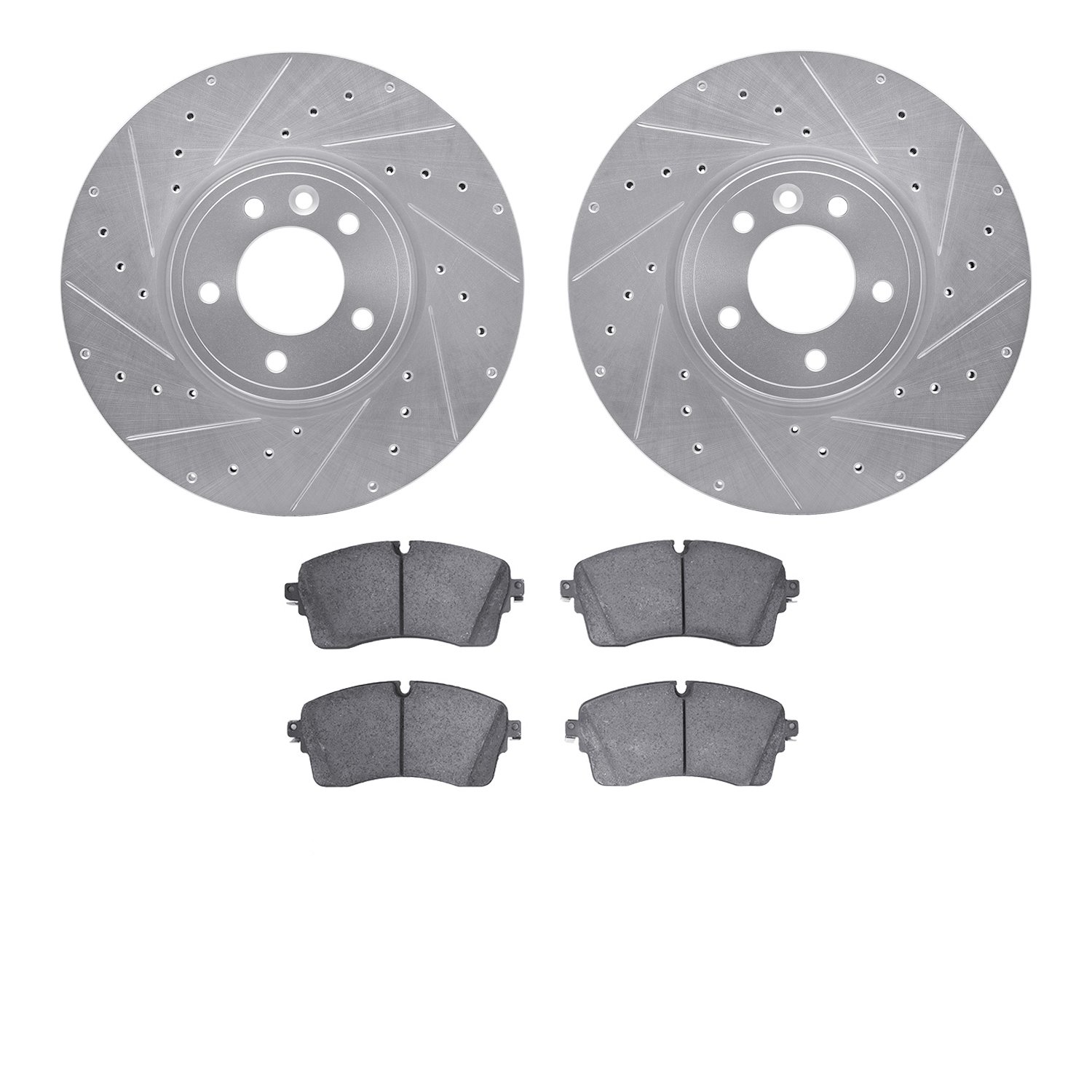 7502-11040 Drilled/Slotted Brake Rotors w/5000 Advanced Brake Pads Kit [Silver], 2018-2020 Land Rover, Position: Front