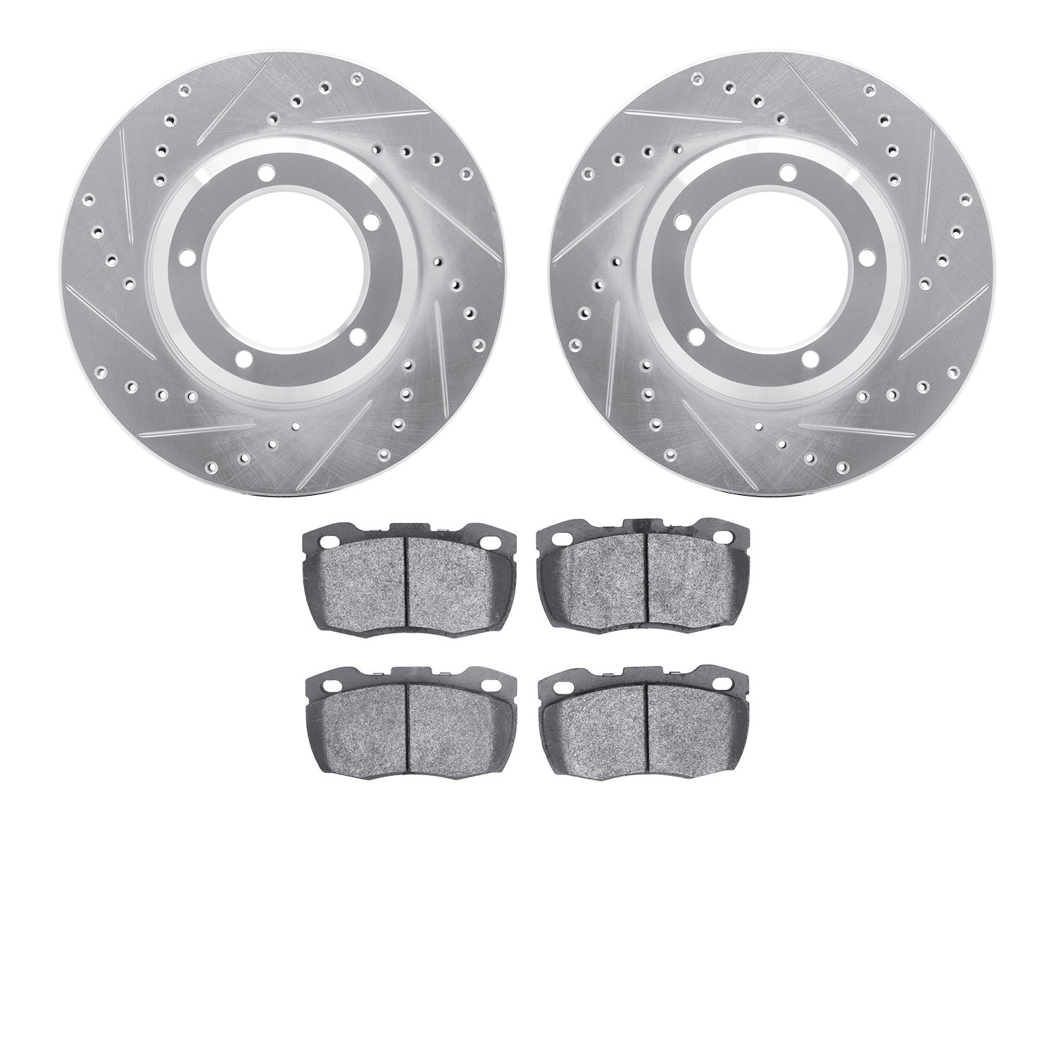 7502-11042 Drilled/Slotted Brake Rotors w/5000 Advanced Brake Pads Kit [Silver], 1994-2016 Land Rover, Position: Front