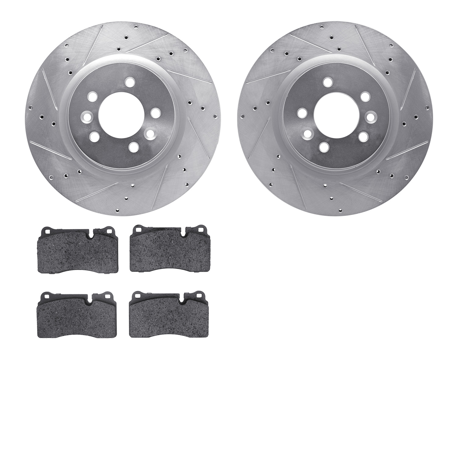 7502-11091 Drilled/Slotted Brake Rotors w/5000 Advanced Brake Pads Kit [Silver], 2006-2009 Land Rover, Position: Front