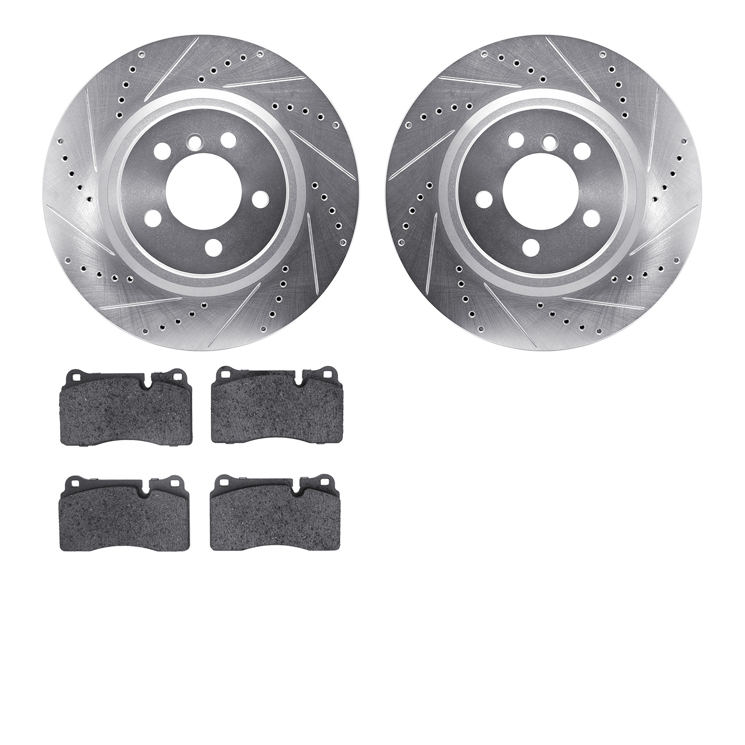 7502-11103 Drilled/Slotted Brake Rotors w/5000 Advanced Brake Pads Kit [Silver], 2006-2009 Land Rover, Position: Front