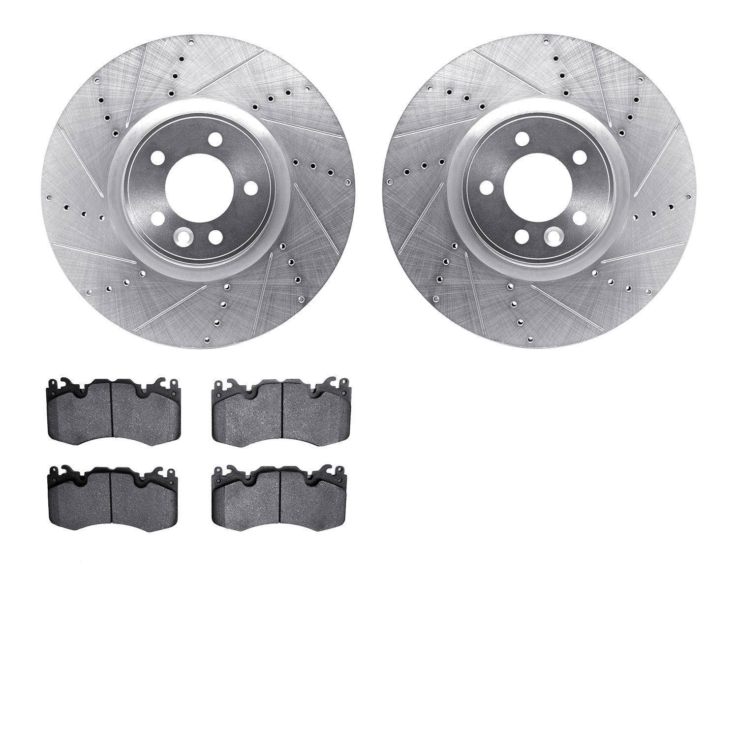 7502-11131 Drilled/Slotted Brake Rotors w/5000 Advanced Brake Pads Kit [Silver], 2010-2017 Land Rover, Position: Front