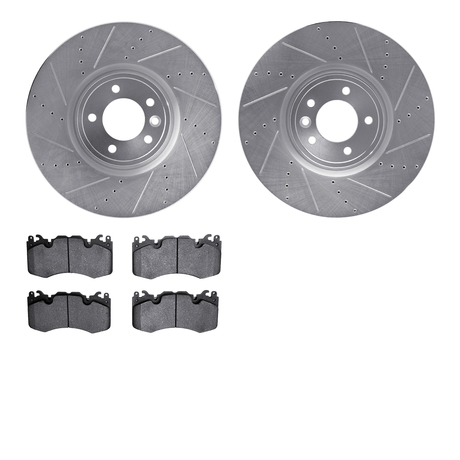 7502-11176 Drilled/Slotted Brake Rotors w/5000 Advanced Brake Pads Kit [Silver], 2018-2021 Land Rover, Position: Front