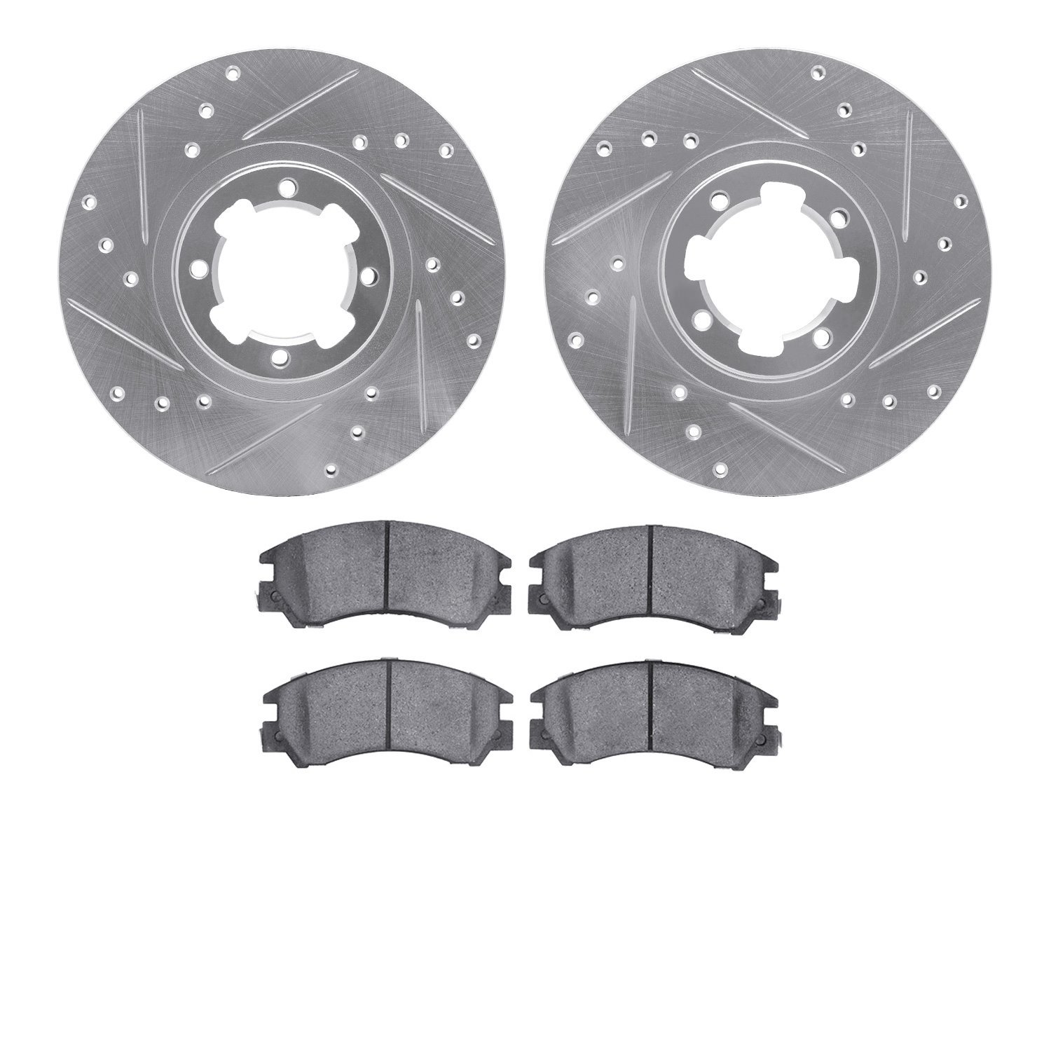 7502-13000 Drilled/Slotted Brake Rotors w/5000 Advanced Brake Pads Kit [Silver], 1985-1994 Subaru, Position: Front