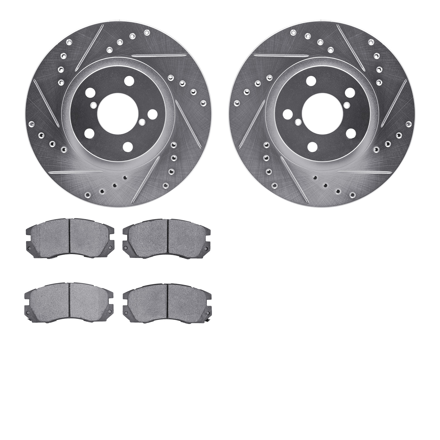 7502-13007 Drilled/Slotted Brake Rotors w/5000 Advanced Brake Pads Kit [Silver], 1990-1996 Subaru, Position: Front
