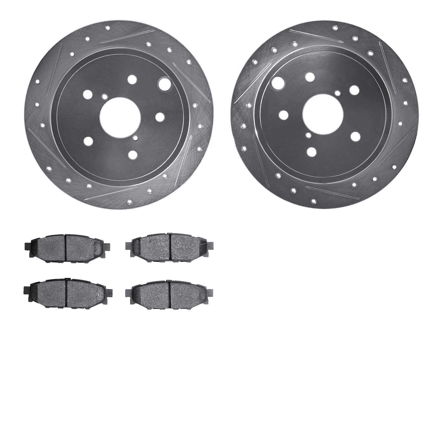 7502-13026 Drilled/Slotted Brake Rotors w/5000 Advanced Brake Pads Kit [Silver], 2015-2021 Subaru, Position: Rear