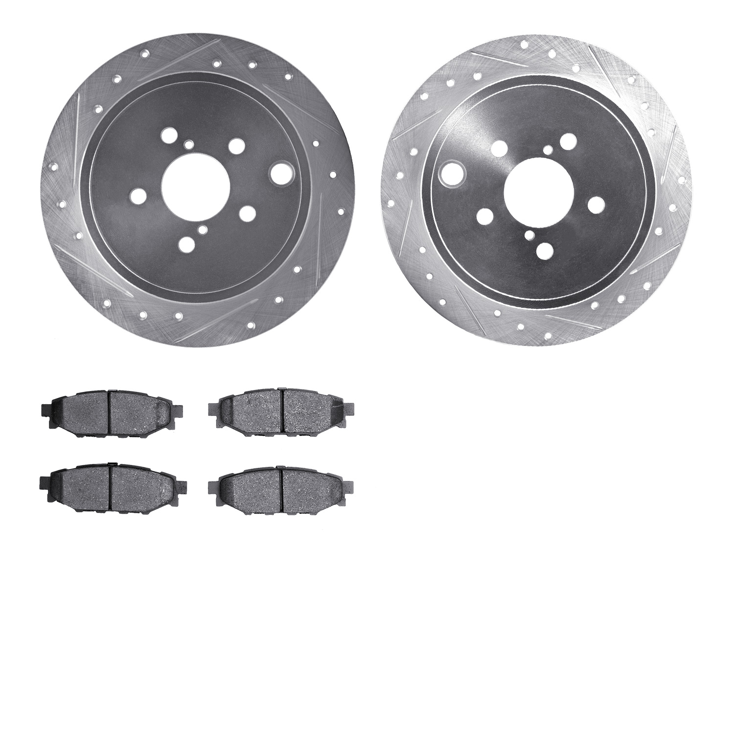 7502-13041 Drilled/Slotted Brake Rotors w/5000 Advanced Brake Pads Kit [Silver], 2008-2015 Subaru, Position: Rear