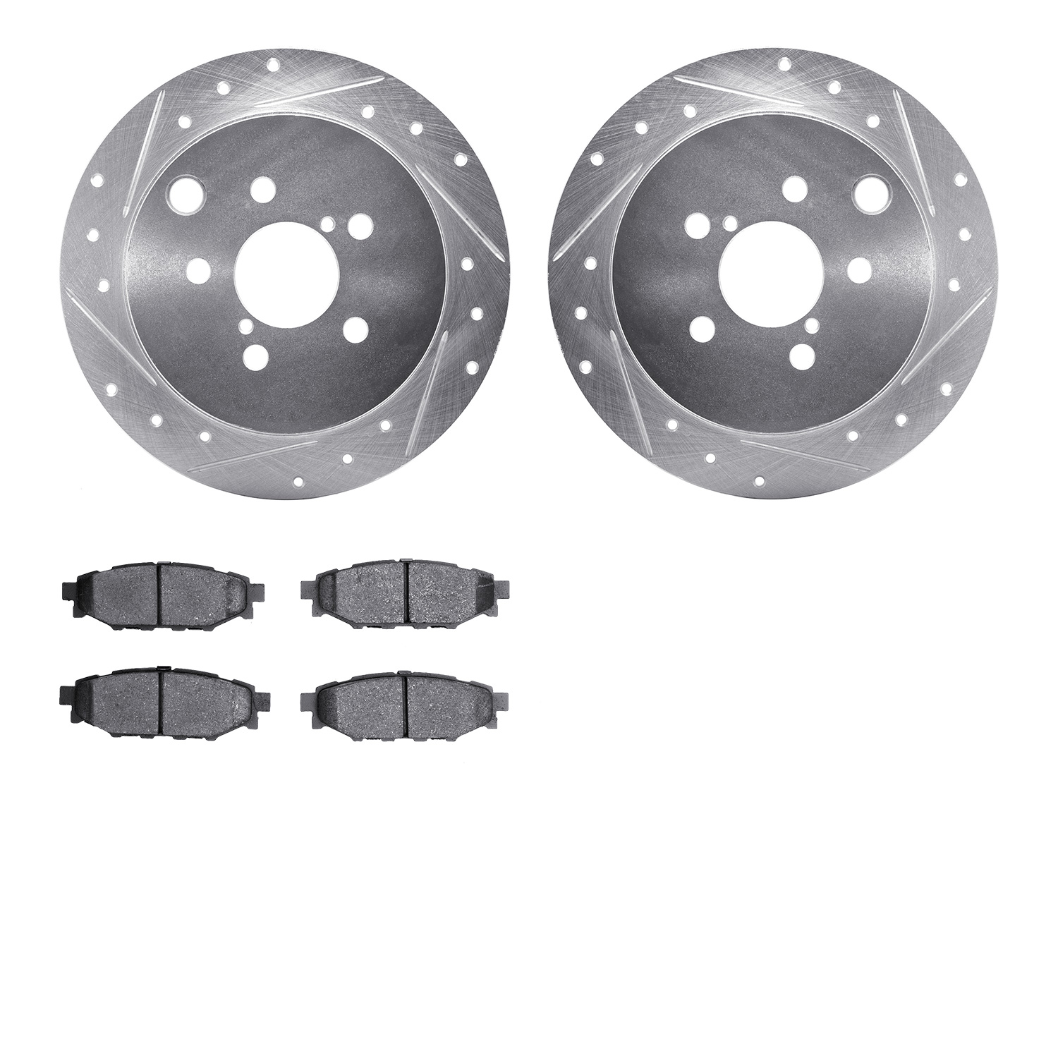 7502-13043 Drilled/Slotted Brake Rotors w/5000 Advanced Brake Pads Kit [Silver], Fits Select Subaru, Position: Rear