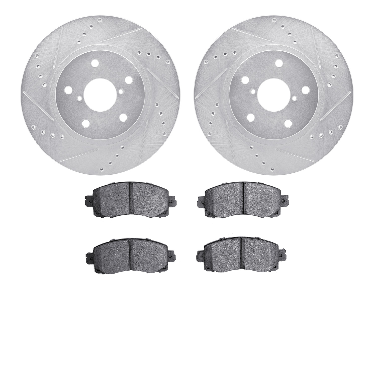 7502-13058 Drilled/Slotted Brake Rotors w/5000 Advanced Brake Pads Kit [Silver], Fits Select Subaru, Position: Front