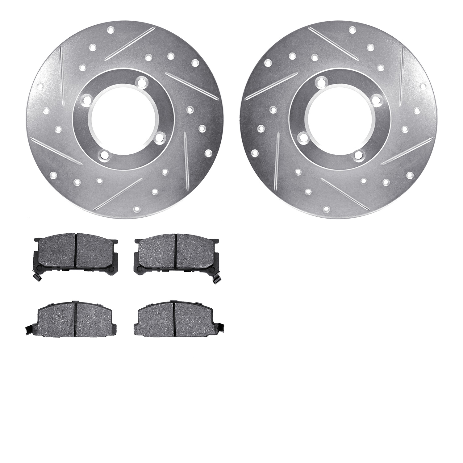 7502-13115 Drilled/Slotted Brake Rotors w/5000 Advanced Brake Pads Kit [Silver], 1980-1983 Subaru, Position: Front