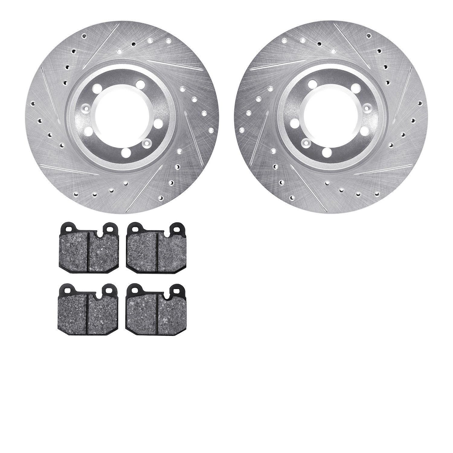 7502-16002 Drilled/Slotted Brake Rotors w/5000 Advanced Brake Pads Kit [Silver], 1981-1989 Alfa Romeo, Position: Front