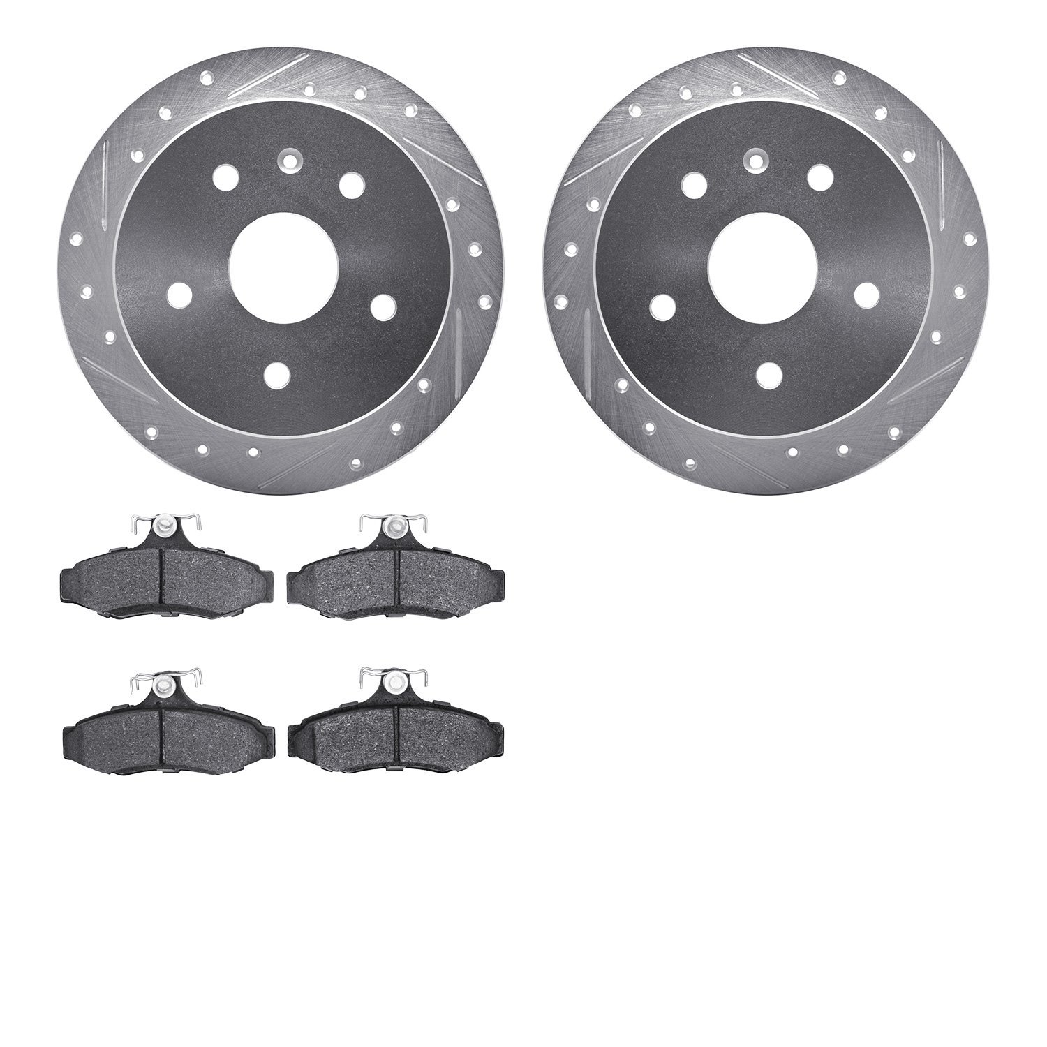 7502-18013 Drilled/Slotted Brake Rotors w/5000 Advanced Brake Pads Kit [Silver], 1999-2002 GM, Position: Rear