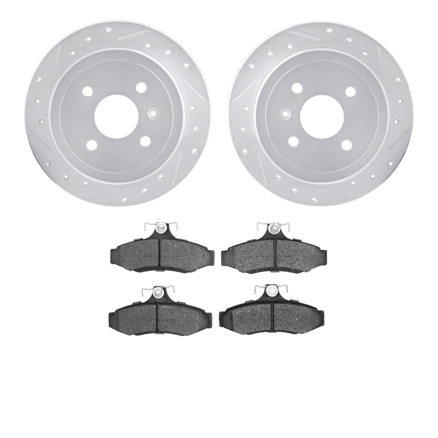 7502-18016 Drilled/Slotted Brake Rotors w/5000 Advanced Brake Pads Kit [Silver], 1999-2002 GM, Position: Rear