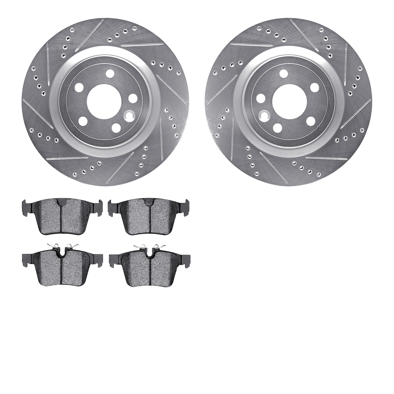 7502-20039 Drilled/Slotted Brake Rotors w/5000 Advanced Brake Pads Kit [Silver], 2017-2020 Multiple Makes/Models, Position: Rear