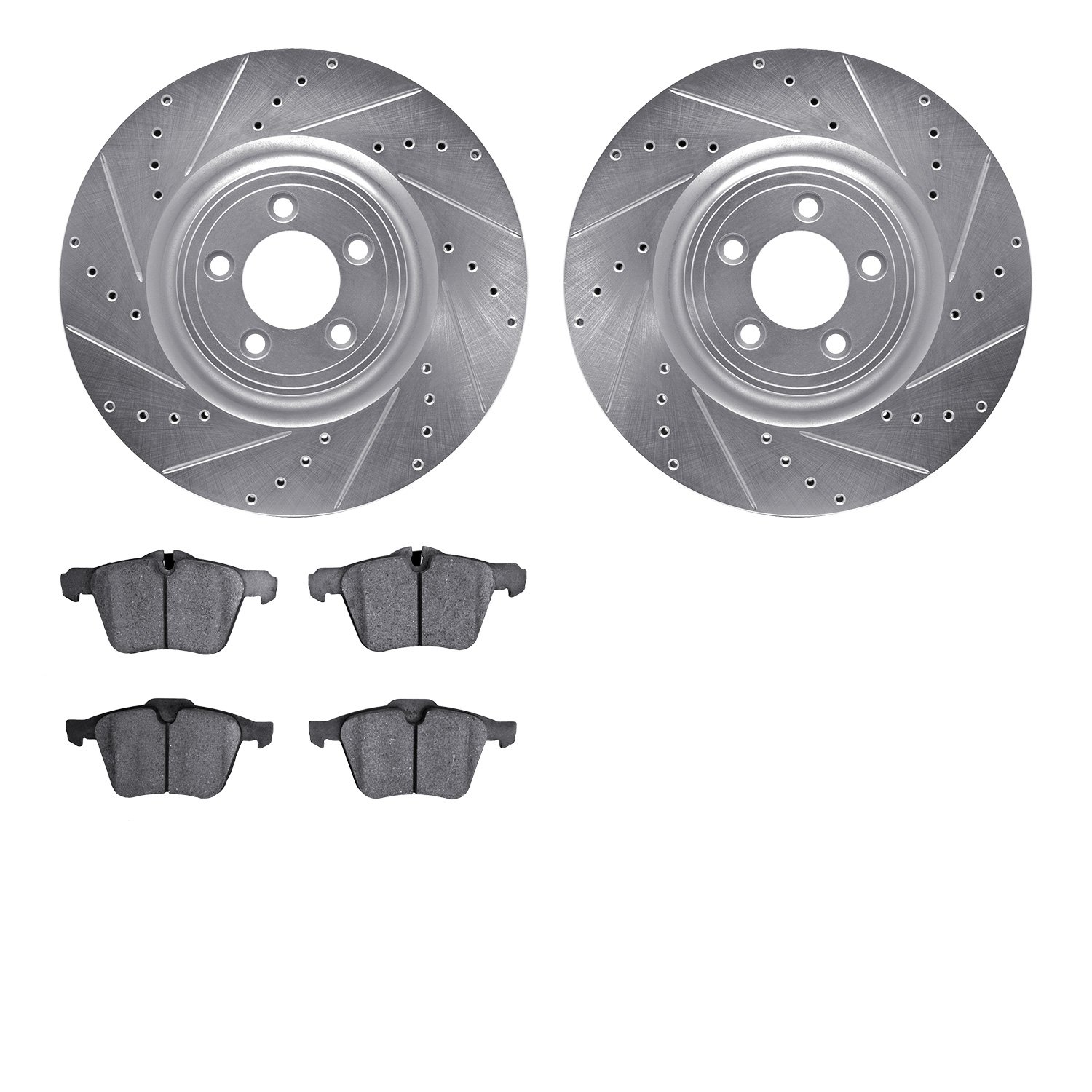 7502-20096 Drilled/Slotted Brake Rotors w/5000 Advanced Brake Pads Kit [Silver], 2014-2021 Jaguar, Position: Front