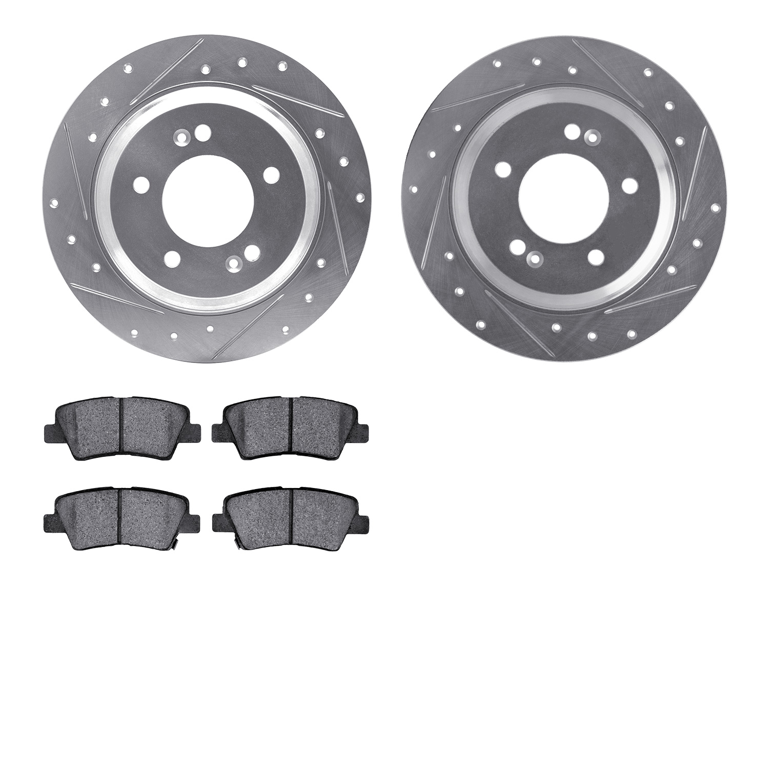 7502-21014 Drilled/Slotted Brake Rotors w/5000 Advanced Brake Pads Kit [Silver], Fits Select Kia/Hyundai/Genesis, Position: Rear