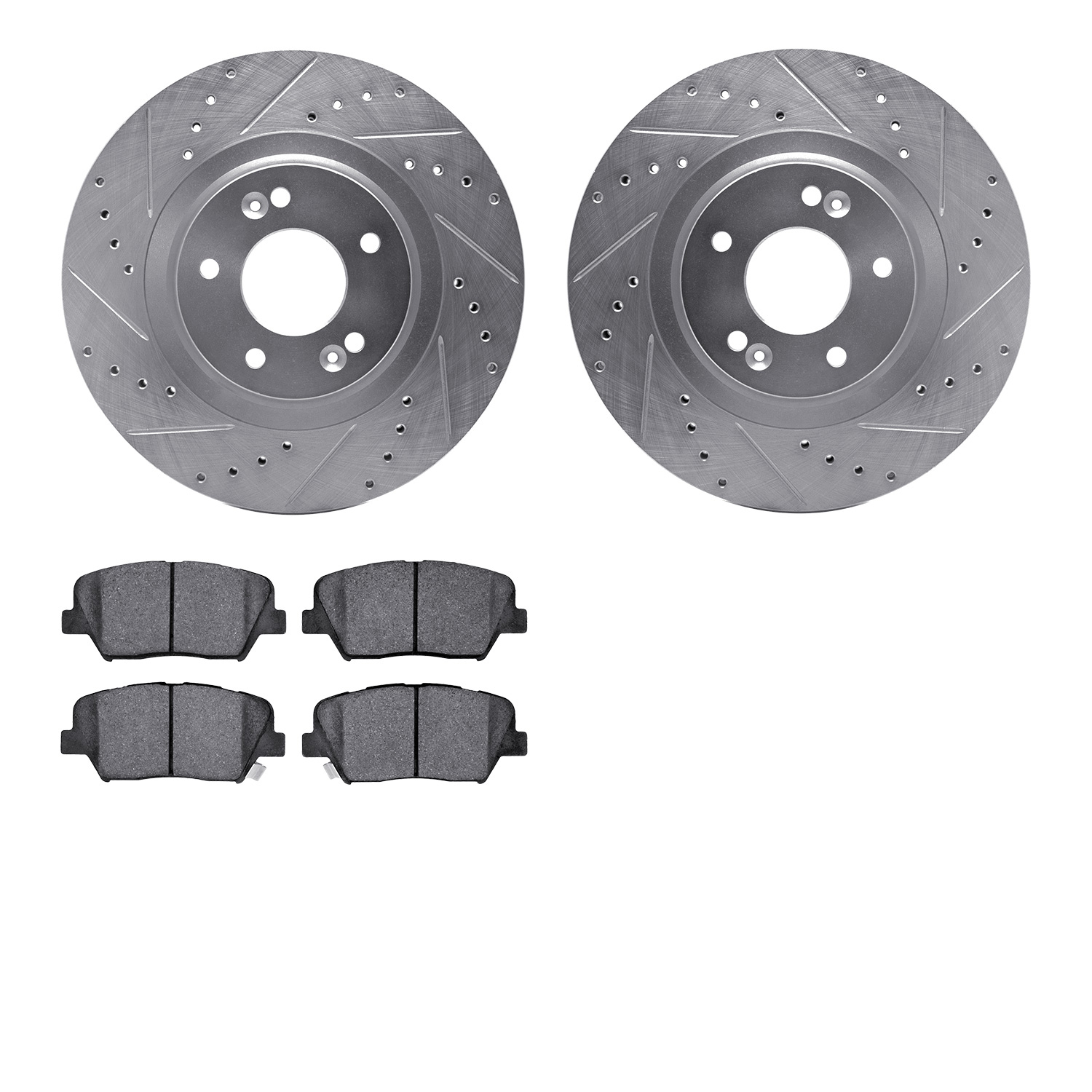 7502-21039 Drilled/Slotted Brake Rotors w/5000 Advanced Brake Pads Kit [Silver], 2015-2020 Kia/Hyundai/Genesis, Position: Front