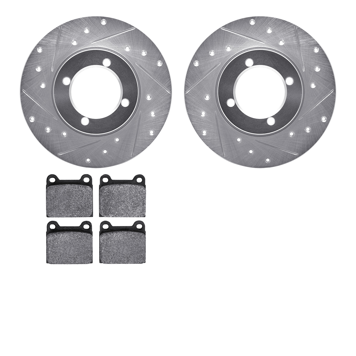 7502-22001 Drilled/Slotted Brake Rotors w/5000 Advanced Brake Pads Kit [Silver], 1968-1973 Opel, Position: Front