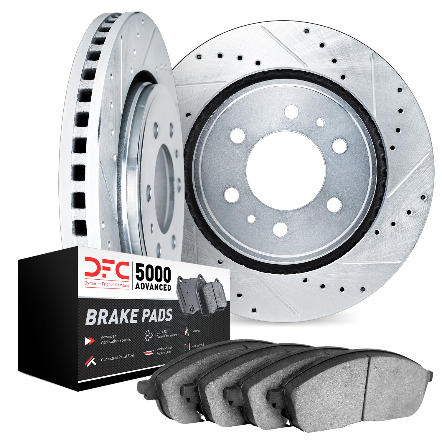 7502-23004 Drilled/Slotted Brake Rotors w/5000 Advanced Brake Pads Kit [Silver], 1972-1979 Renault, Position: Front