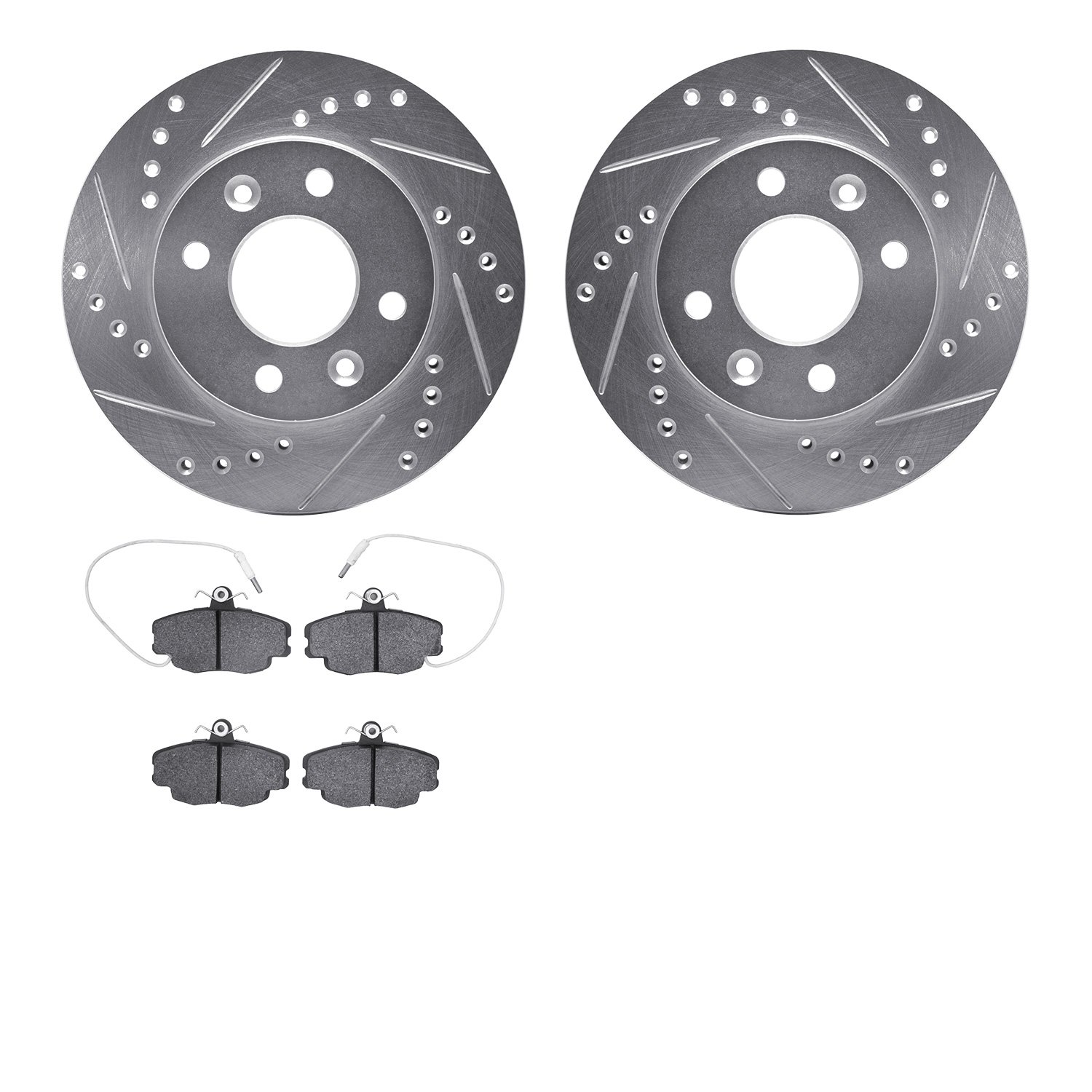 7502-23008 Drilled/Slotted Brake Rotors w/5000 Advanced Brake Pads Kit [Silver], 1984-1985 Renault, Position: Front
