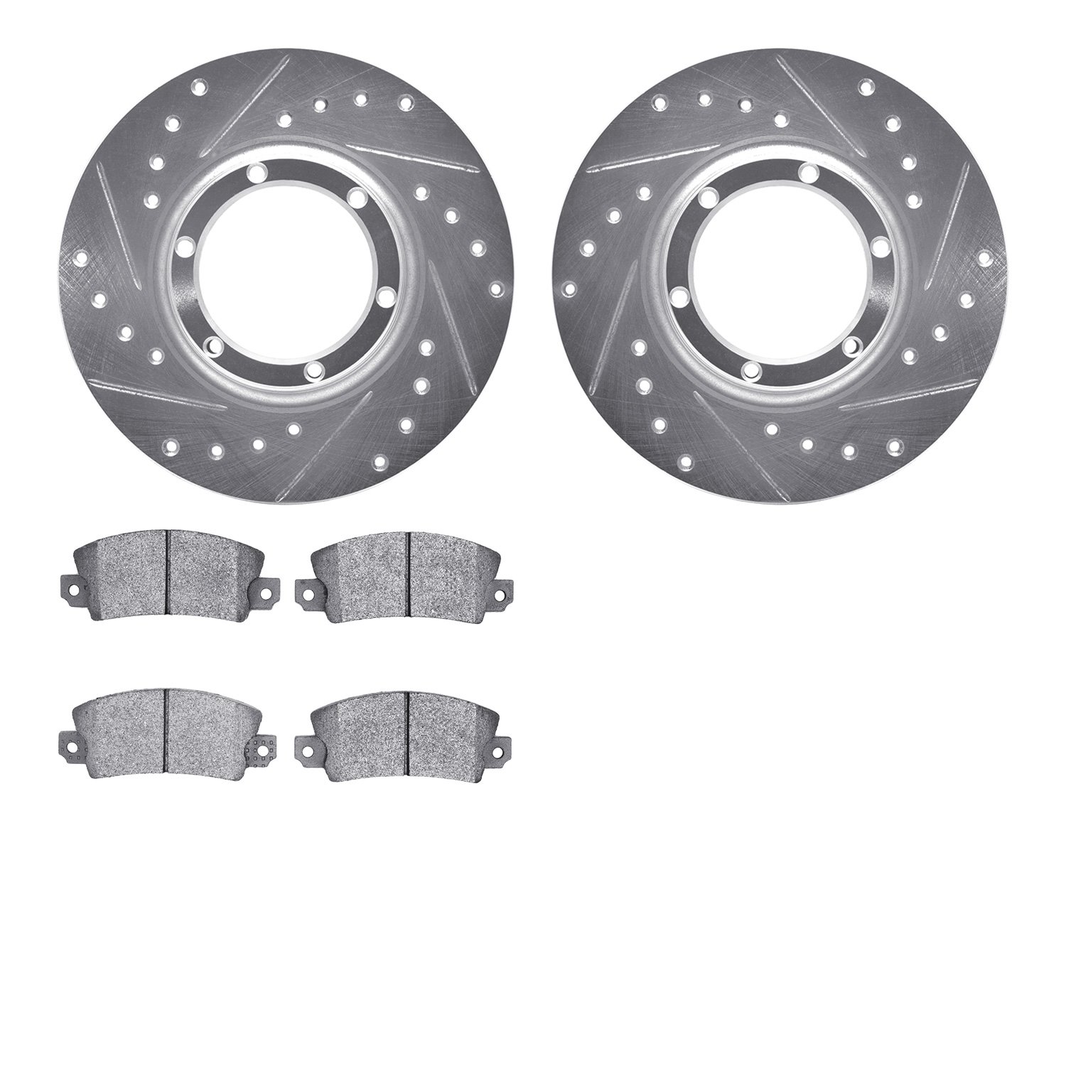 7502-23025 Drilled/Slotted Brake Rotors w/5000 Advanced Brake Pads Kit [Silver], 1971-1983 Renault, Position: Front, Rear