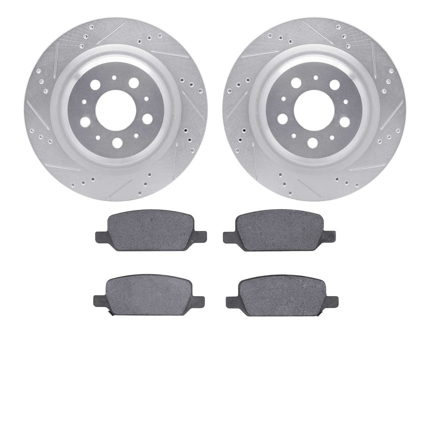 7502-26006 Drilled/Slotted Brake Rotors w/5000 Advanced Brake Pads Kit [Silver], Fits Select Tesla, Position: Rear