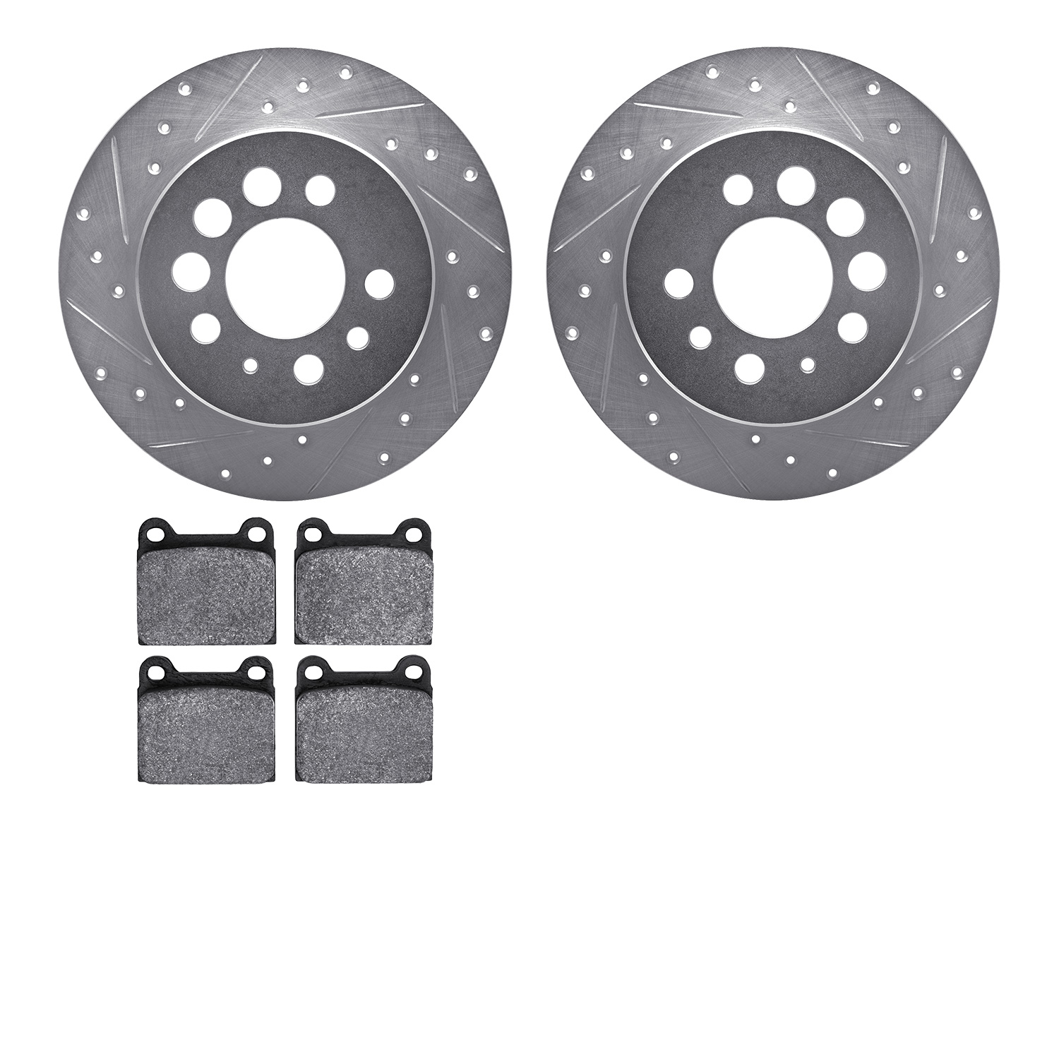 7502-27006 Drilled/Slotted Brake Rotors w/5000 Advanced Brake Pads Kit [Silver], 1974-1997 Volvo, Position: Rear