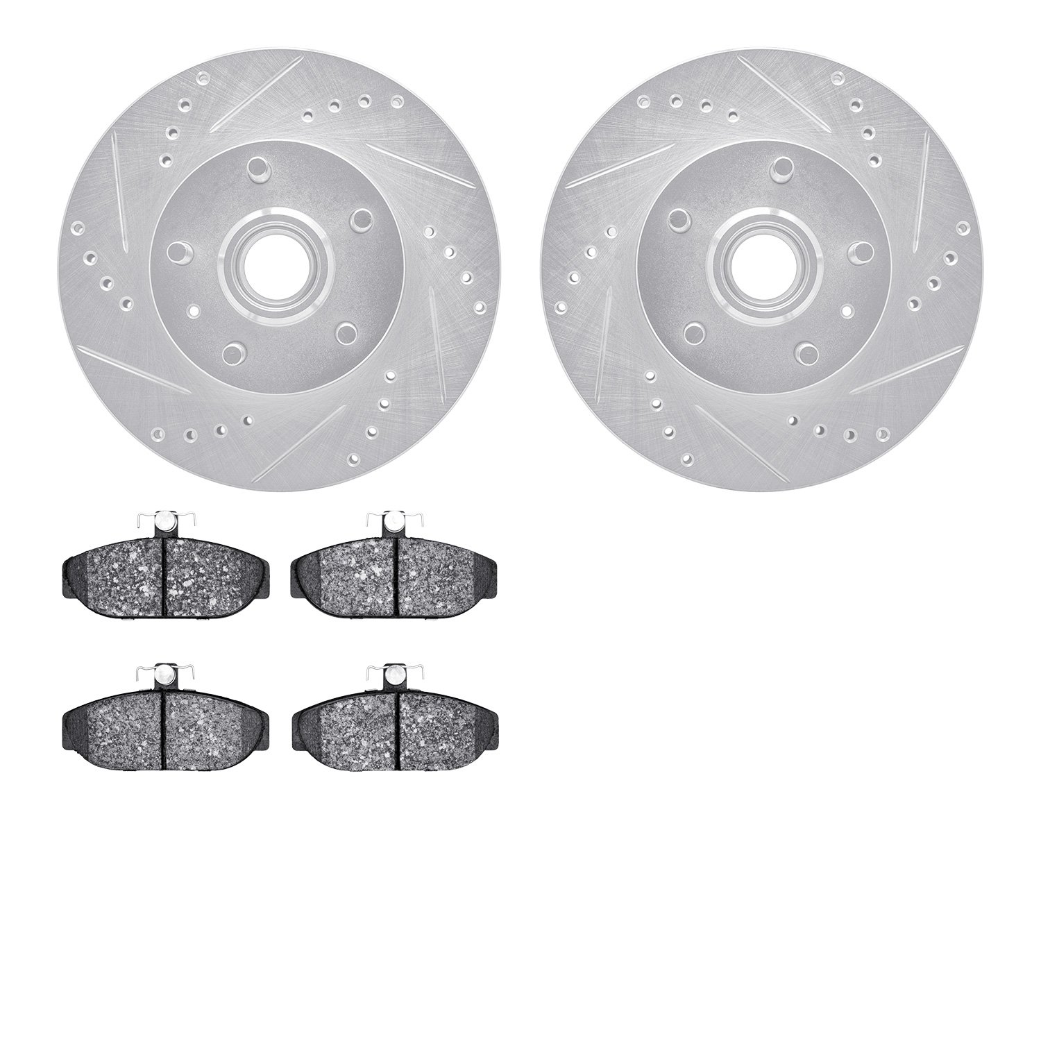 7502-27009 Drilled/Slotted Brake Rotors w/5000 Advanced Brake Pads Kit [Silver], 1983-1987 Volvo, Position: Front