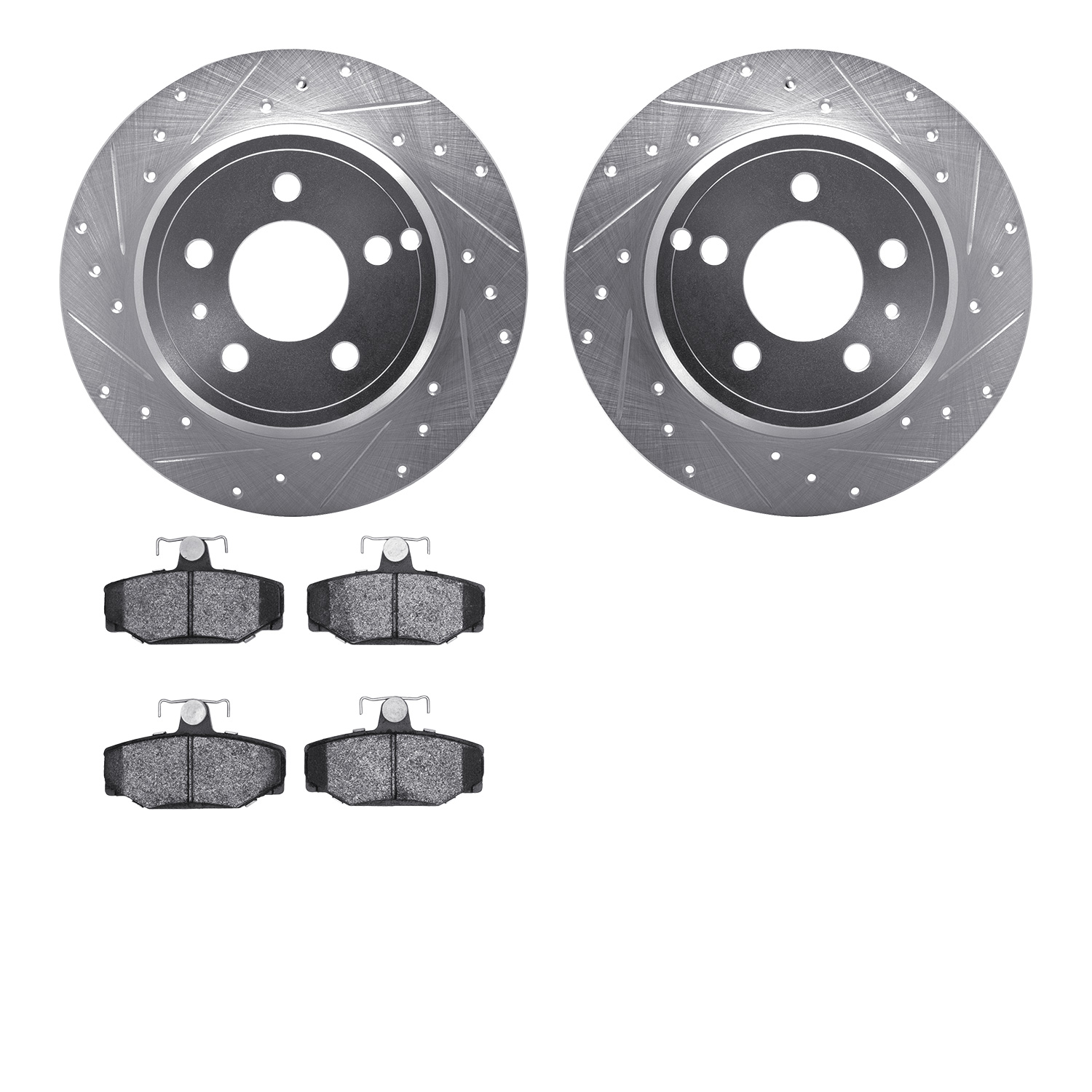 7502-27020 Drilled/Slotted Brake Rotors w/5000 Advanced Brake Pads Kit [Silver], 1996-1997 Volvo, Position: Rear