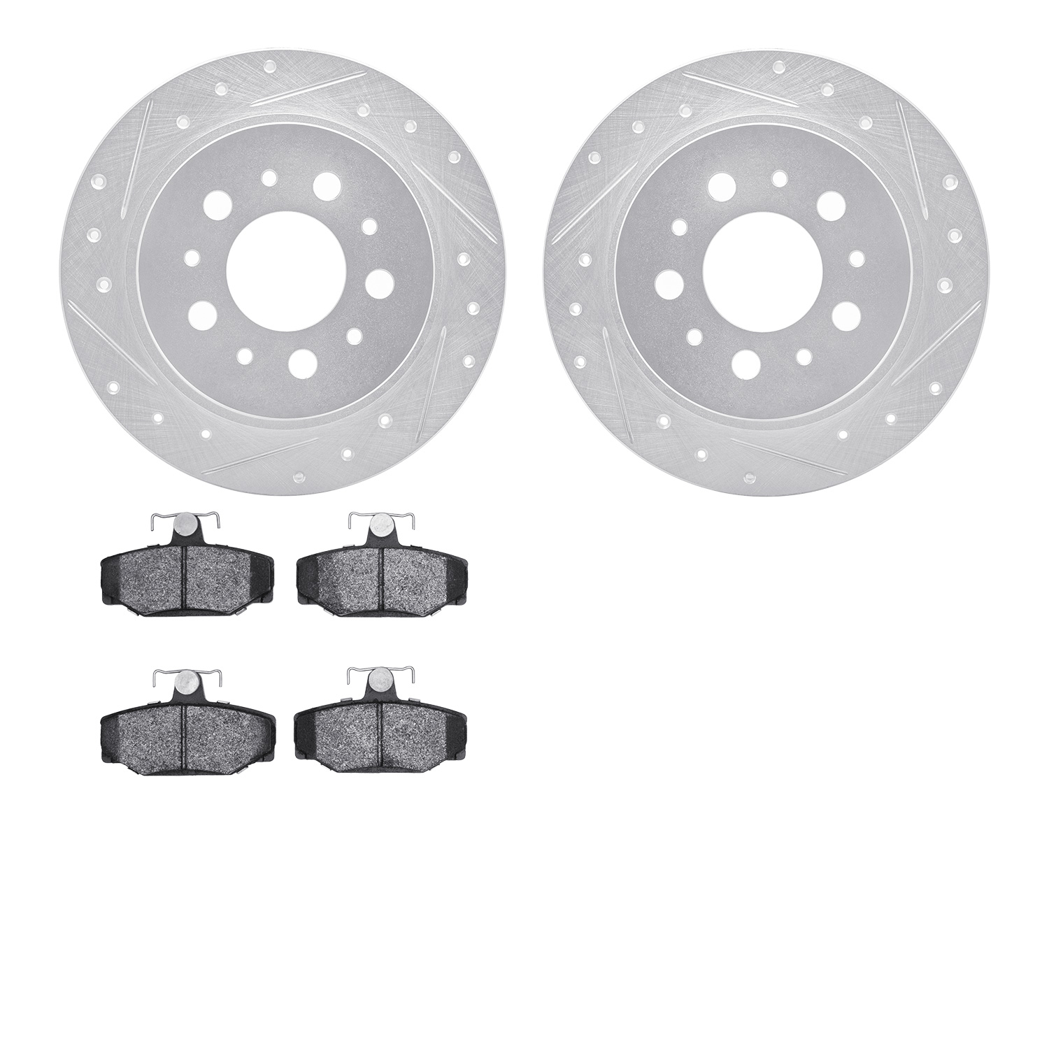 7502-27021 Drilled/Slotted Brake Rotors w/5000 Advanced Brake Pads Kit [Silver], 1995-1997 Volvo, Position: Rear