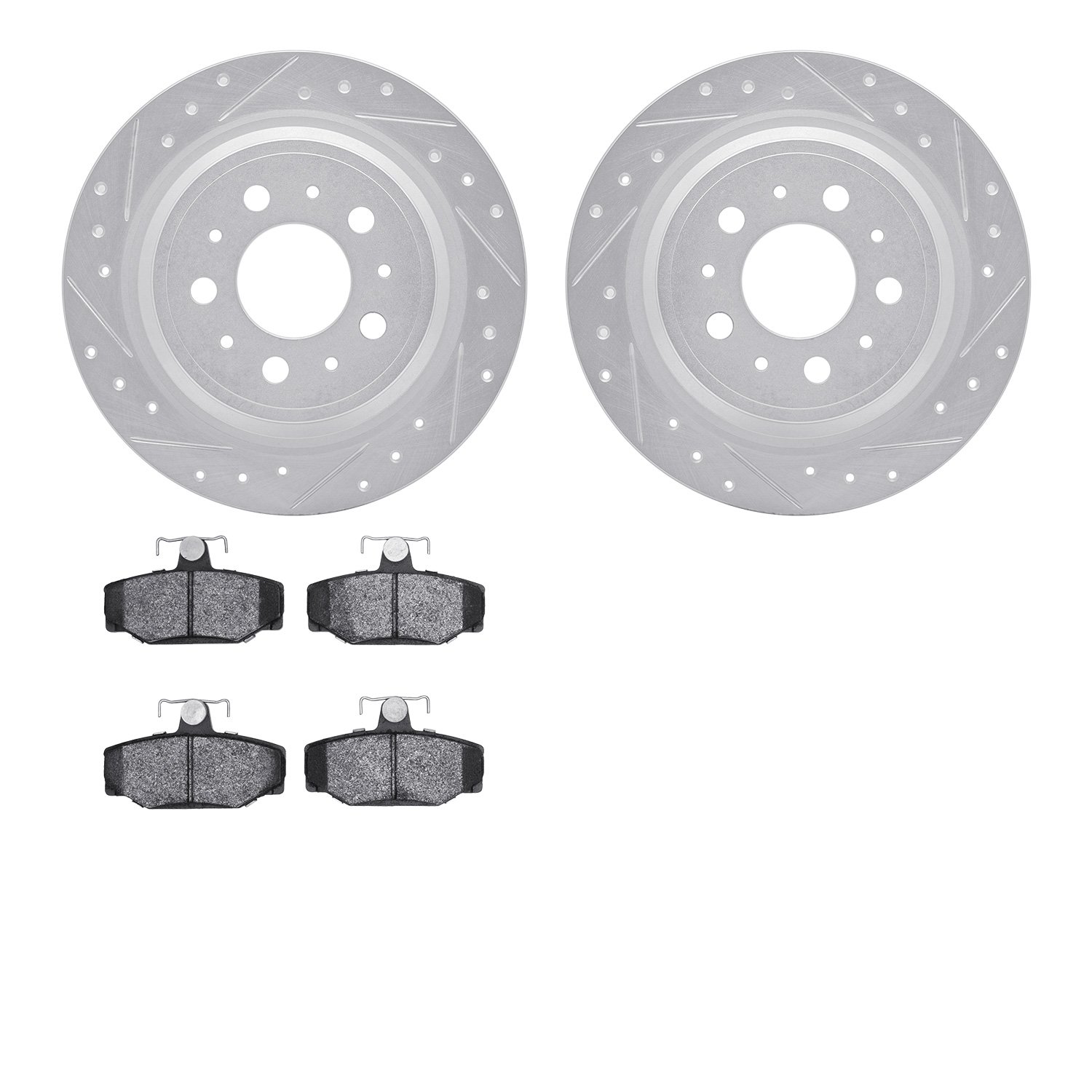 7502-27024 Drilled/Slotted Brake Rotors w/5000 Advanced Brake Pads Kit [Silver], 1998-2000 Volvo, Position: Rear